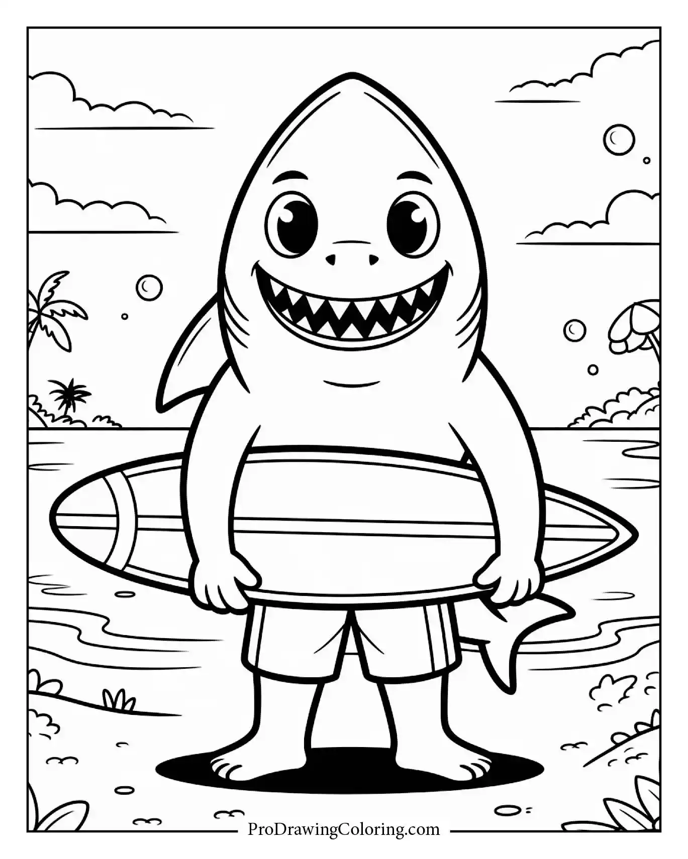 A smiling shark holding a surfboard on the sand ready to surf printable coloring sheet