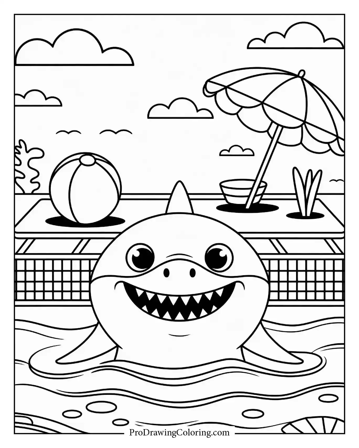 A playful shark floating in a swimming pool with a beach ball and umbrella nearby