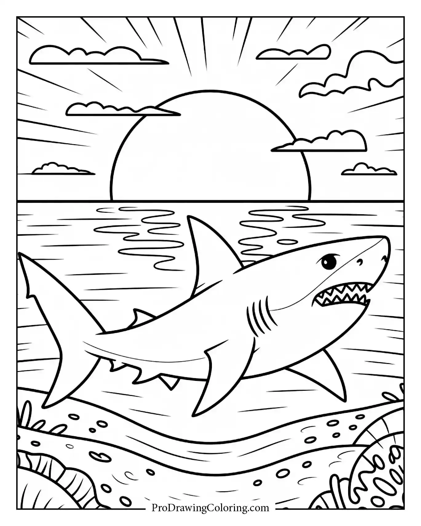 A creative shark painting an ocean sunset on an easel by the shore