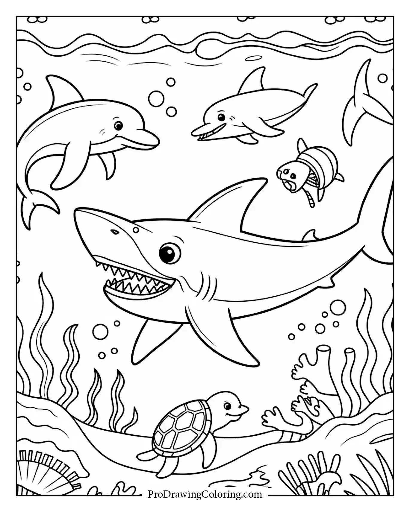A cheerful shark swimming alongside dolphins and turtles in calm waters