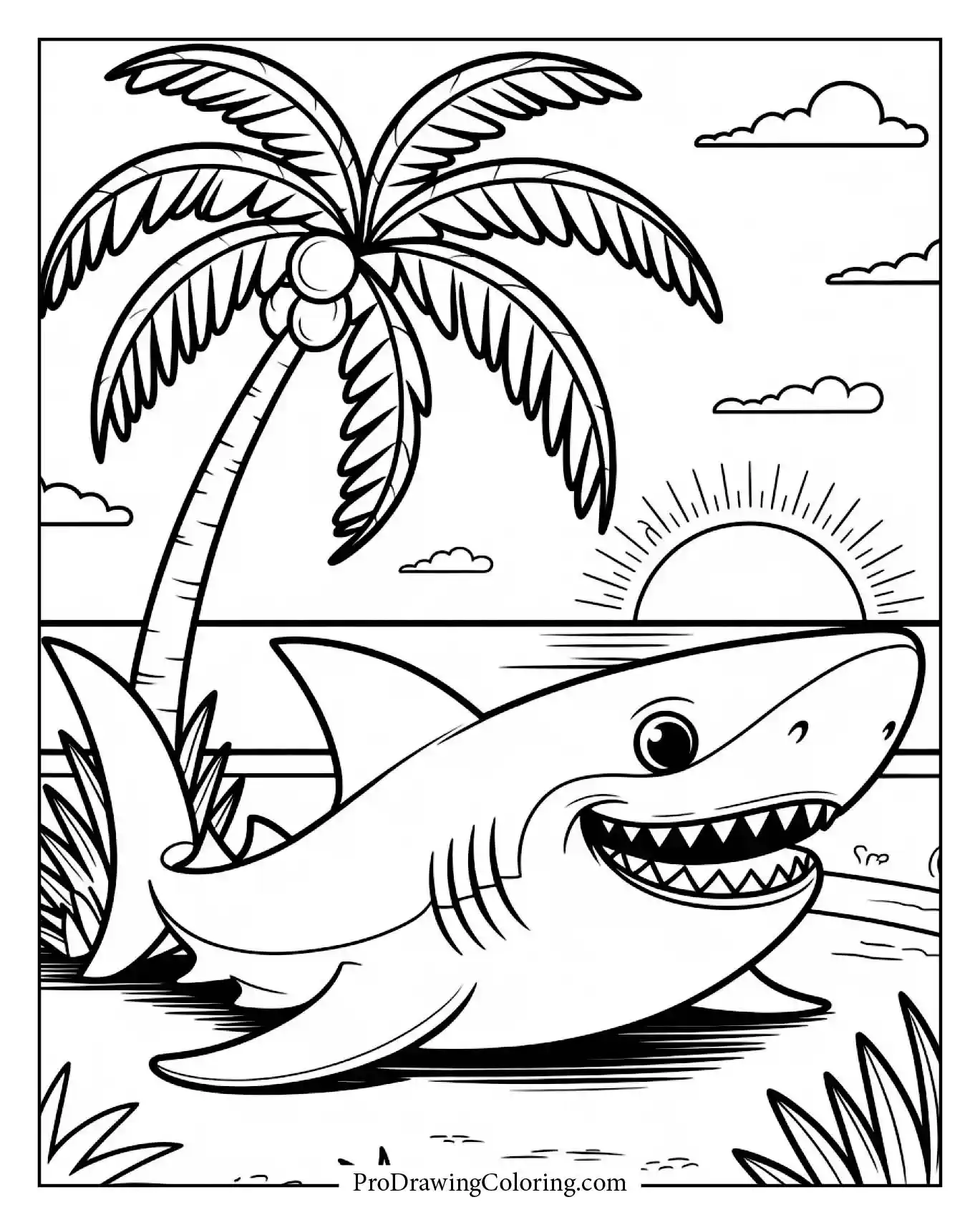 A shark resting under a palm tree and watching the orange sunset sky