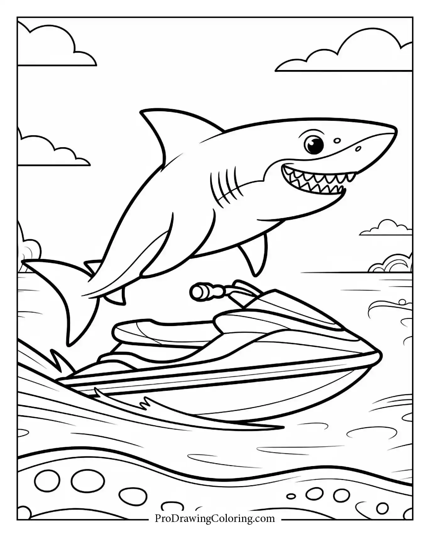 A shark riding a jet ski fast across ocean waves with splashes everywhere coloring page