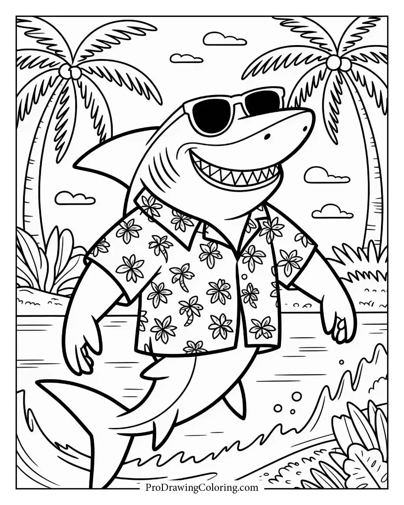 A cool shark in a Hawaiian shirt wearing sunglasses with palm trees behind fun coloring page