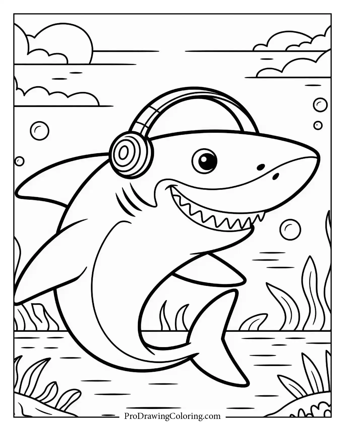 A relaxed shark lying on the sand listening to music with big headphones