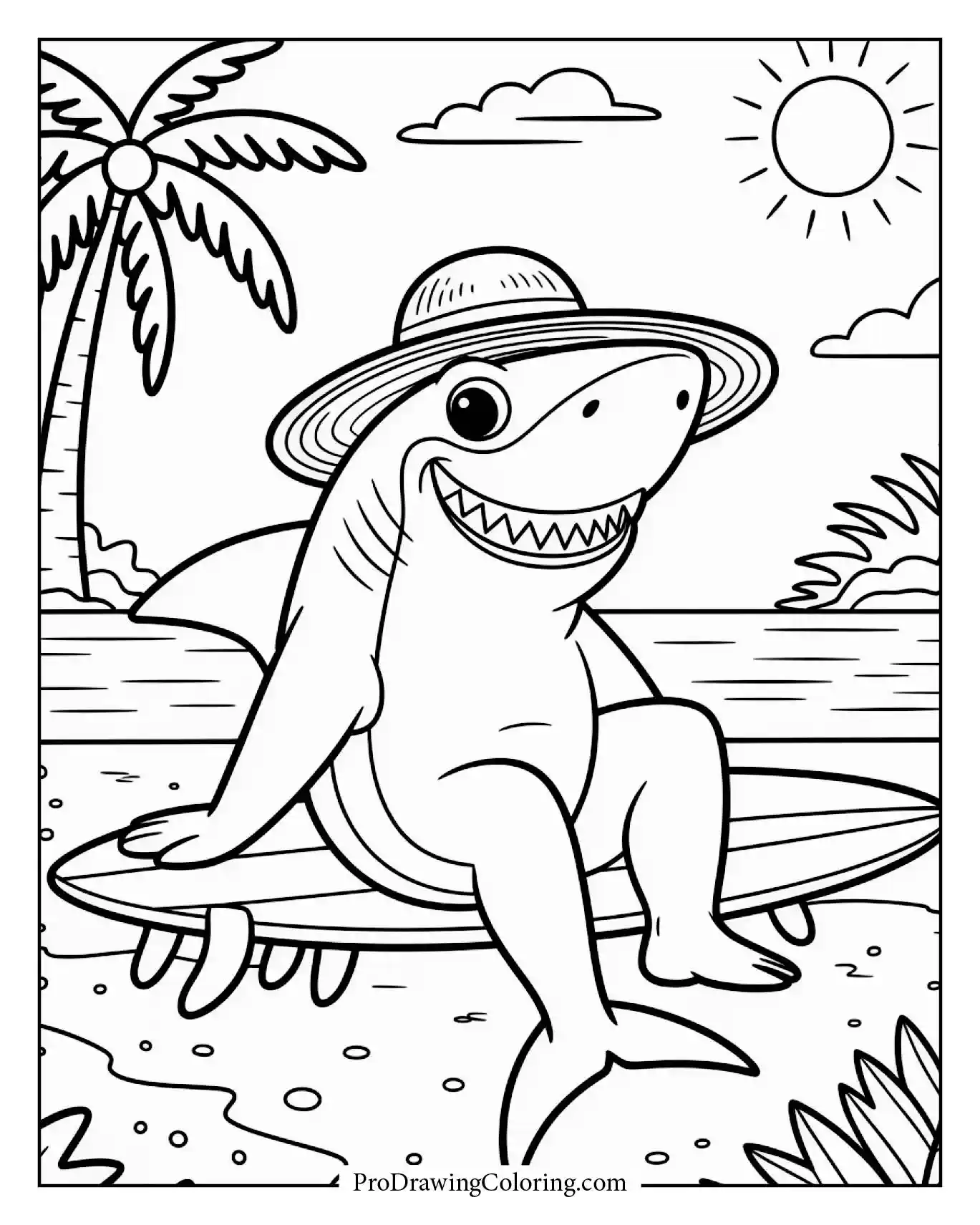 A shark lying on the sand with a straw hat sunbathing next to a surfboard printable coloring page