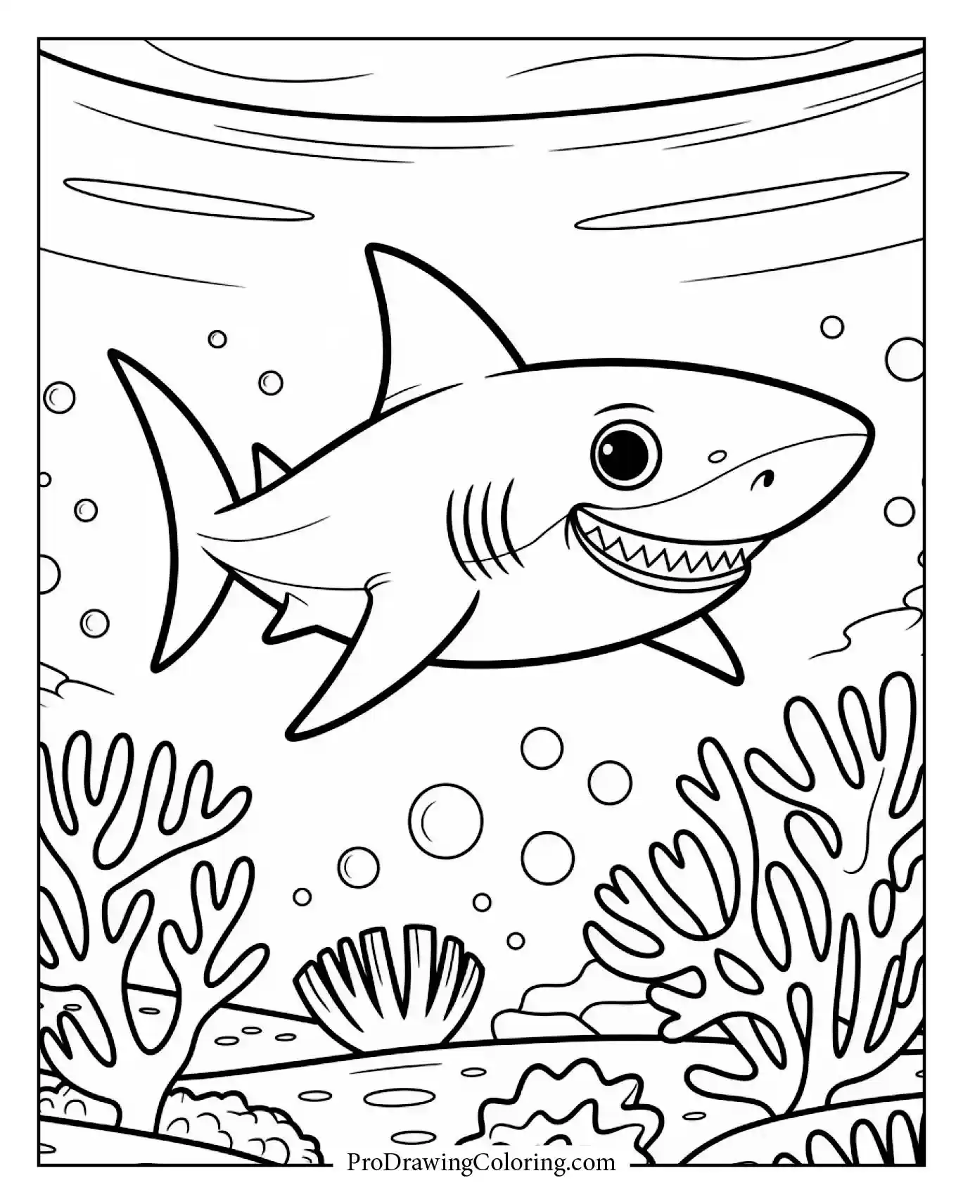 Friendly shark swimming near coral, easy fish coloring page for kids.