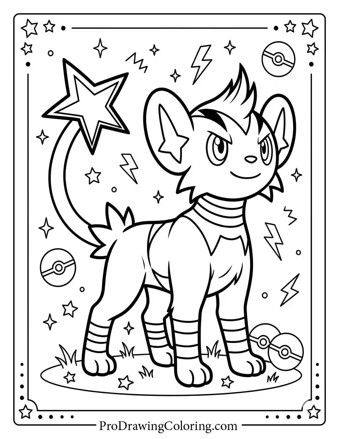 Coloring sheet of Shinx standing proudly in a decorated frame filled with lightning bolts, stars, and Poké balls, looking energetic and very cute.