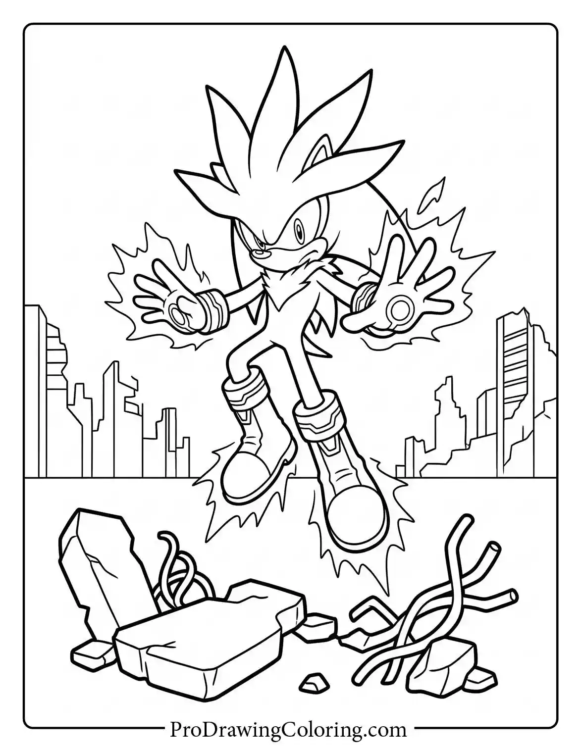 Silver the Hedgehog using his psychokinetic powers to float above broken rocks in a ruined city coloring sheet.