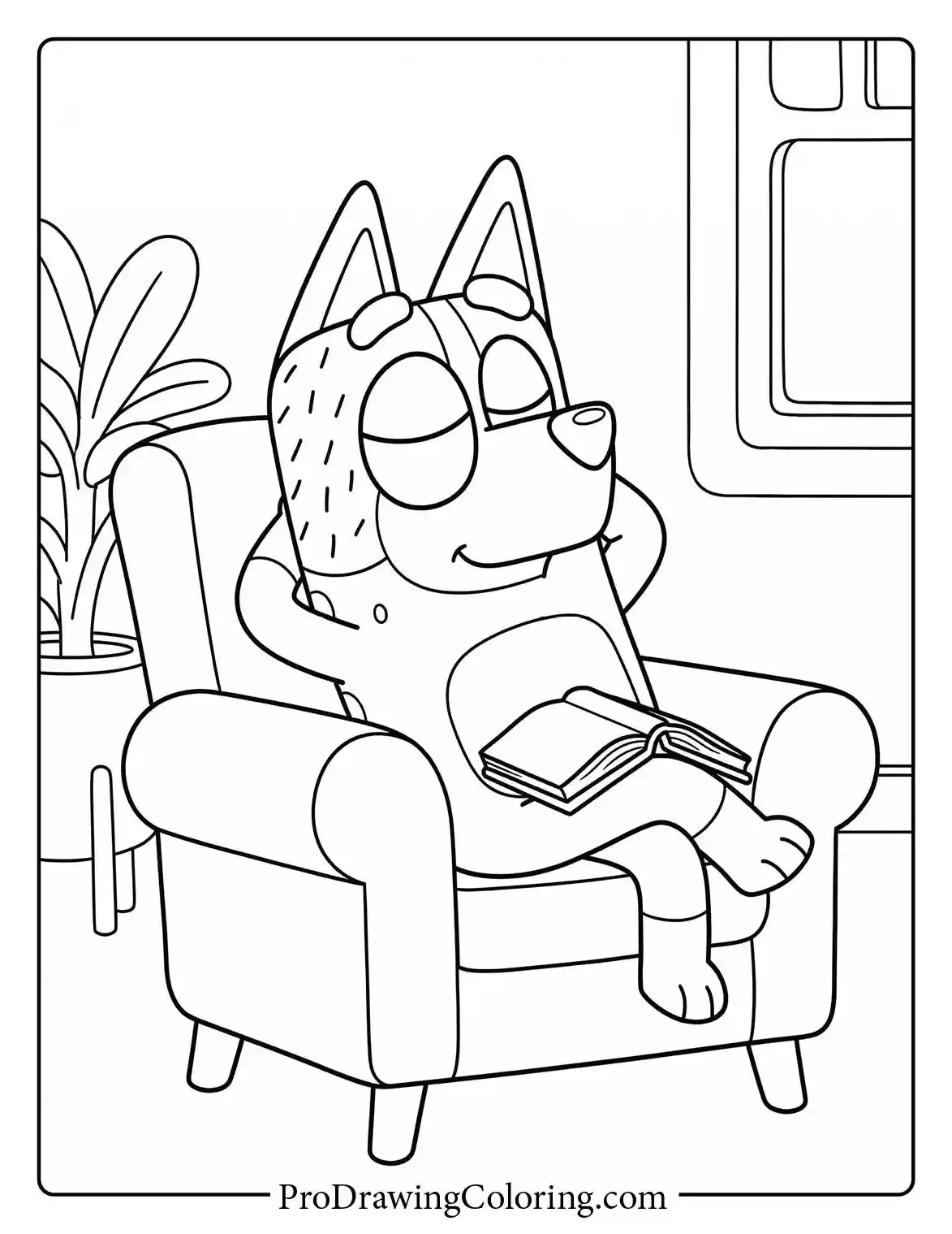 Simple printable drawing of dad from bluey relaxing and reading a book in an armchair.