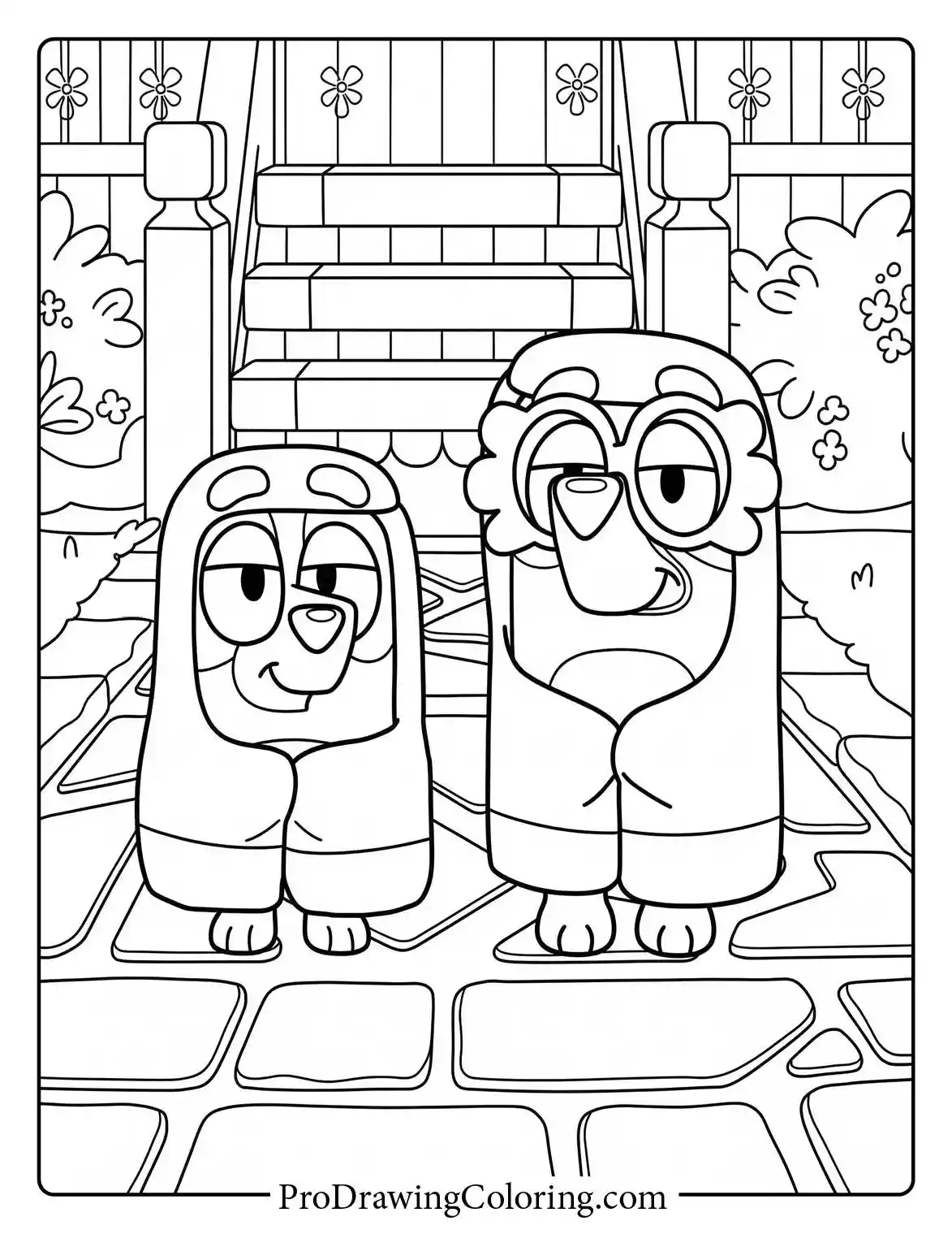 Simple bluey picture to color showing Bingo and Bluey dressed as the Grannies for kids.