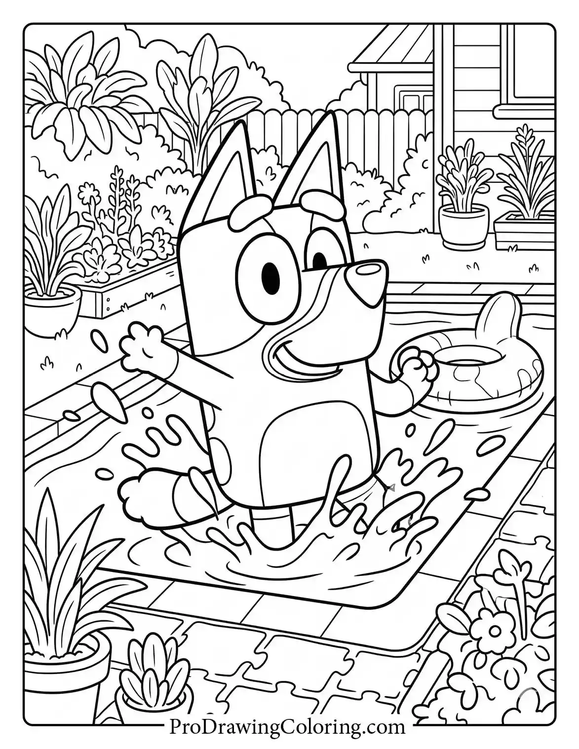 Bluey coloring page of the playful girl splashing energetically in the swimming pool.