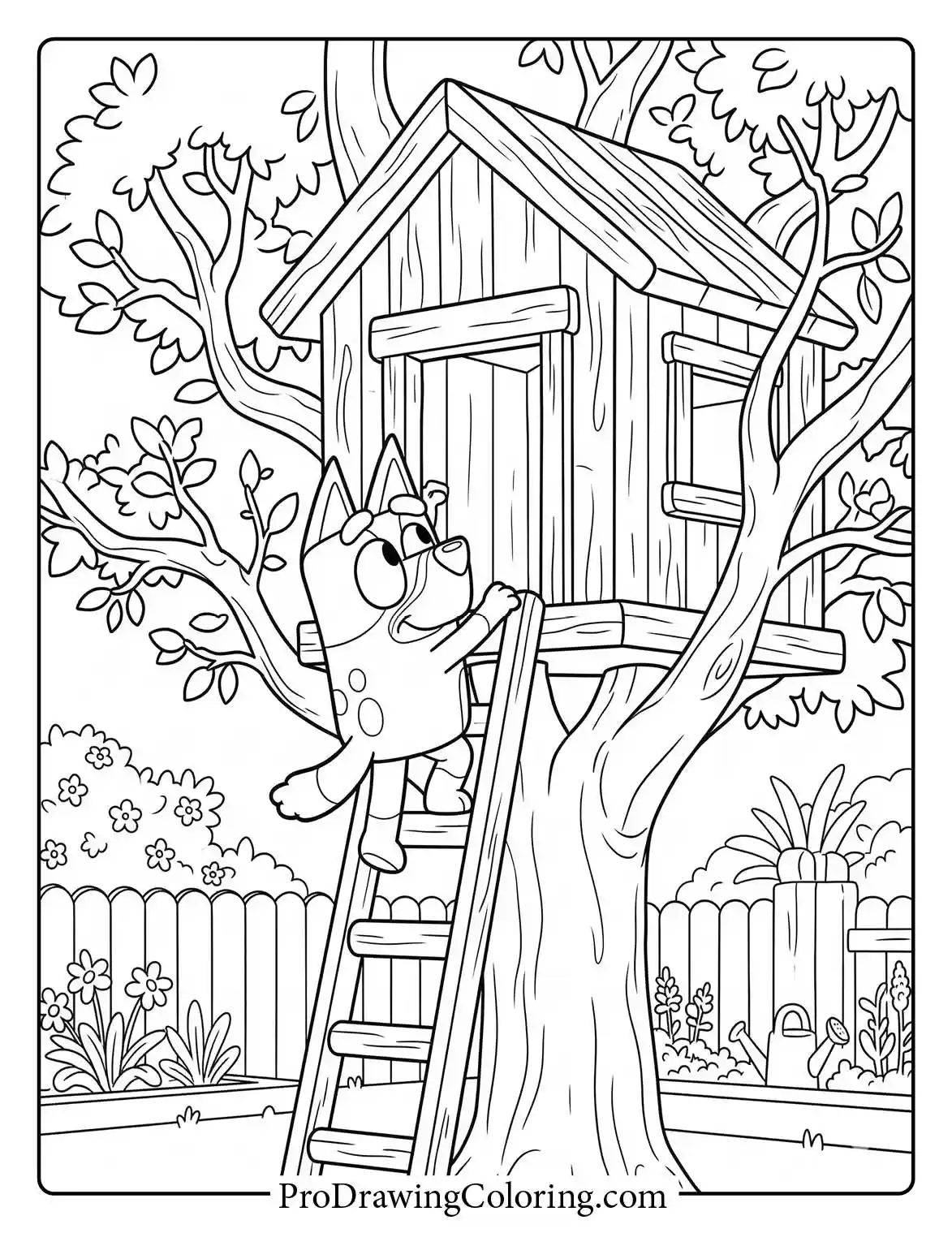 Bluey carefully climbing the wooden ladder to her secret treehouse coloring page.