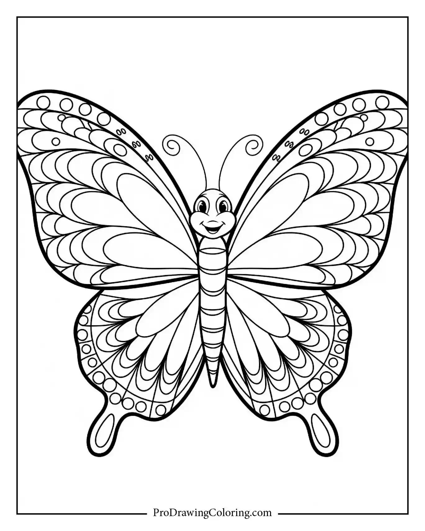 Clean butterfly outline with round dotted wings, ideal for kids learning shapes and coloring fun.
