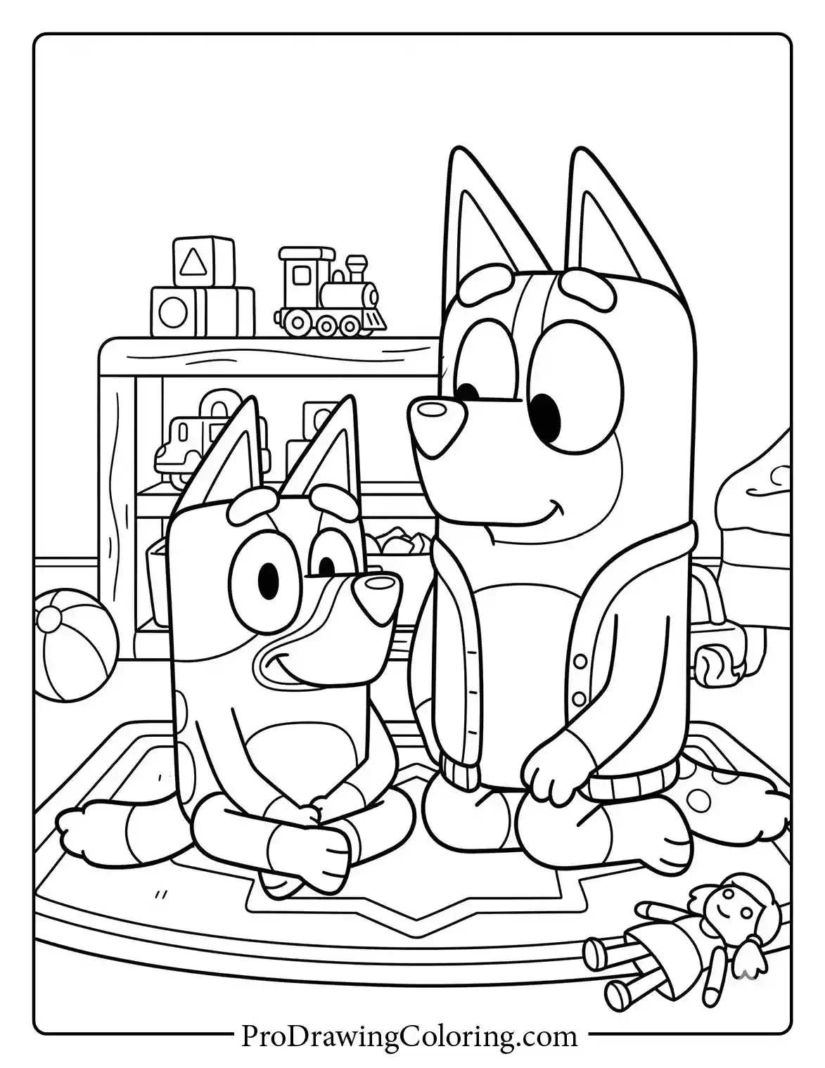 Simple printable drawing of Dad Bandit and Bluey playing with wooden blocks for kids.