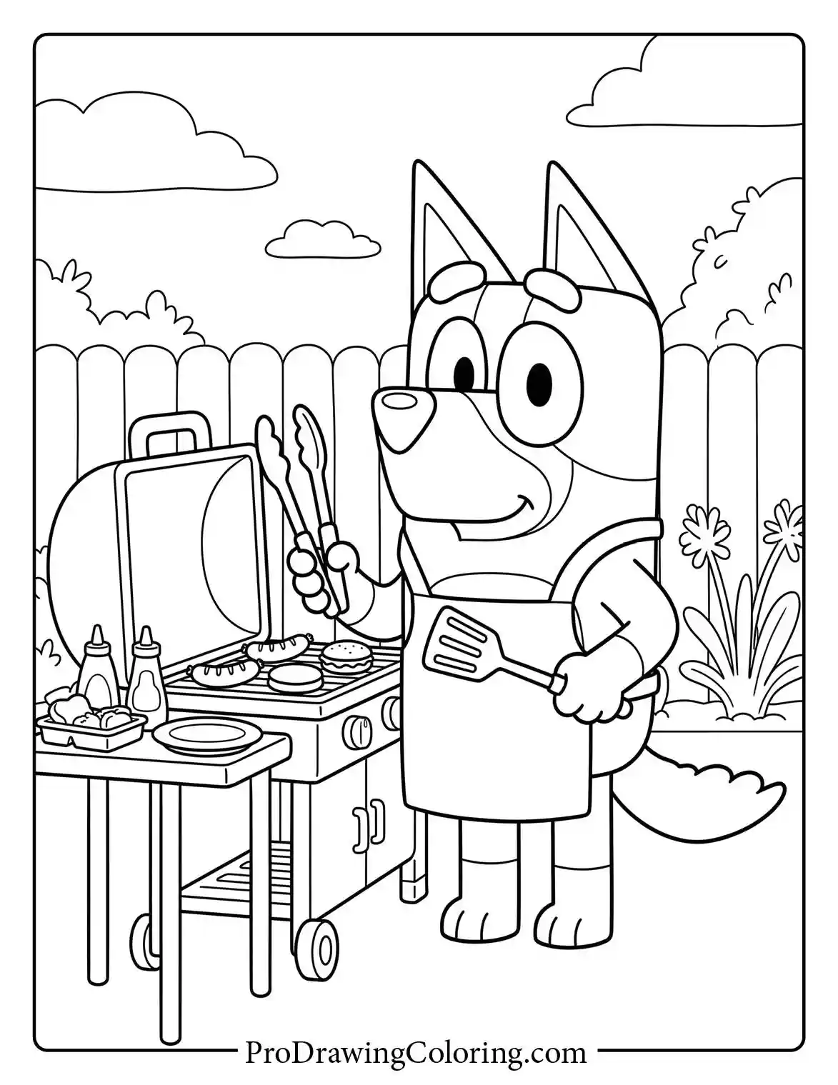Simple printable of dad from bluey standing at the backyard BBQ grill.