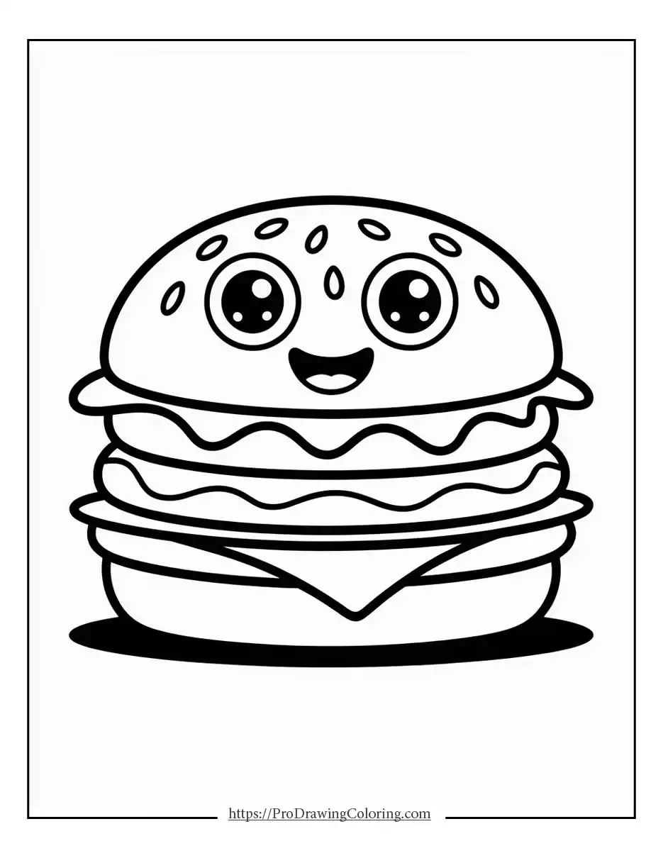 Simple kawaii burger with a smiling face and easy food details.