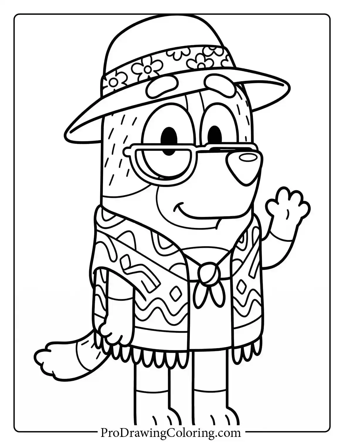 Simple coloring page for kids showing Nana Chris wearing a sun hat and waving.