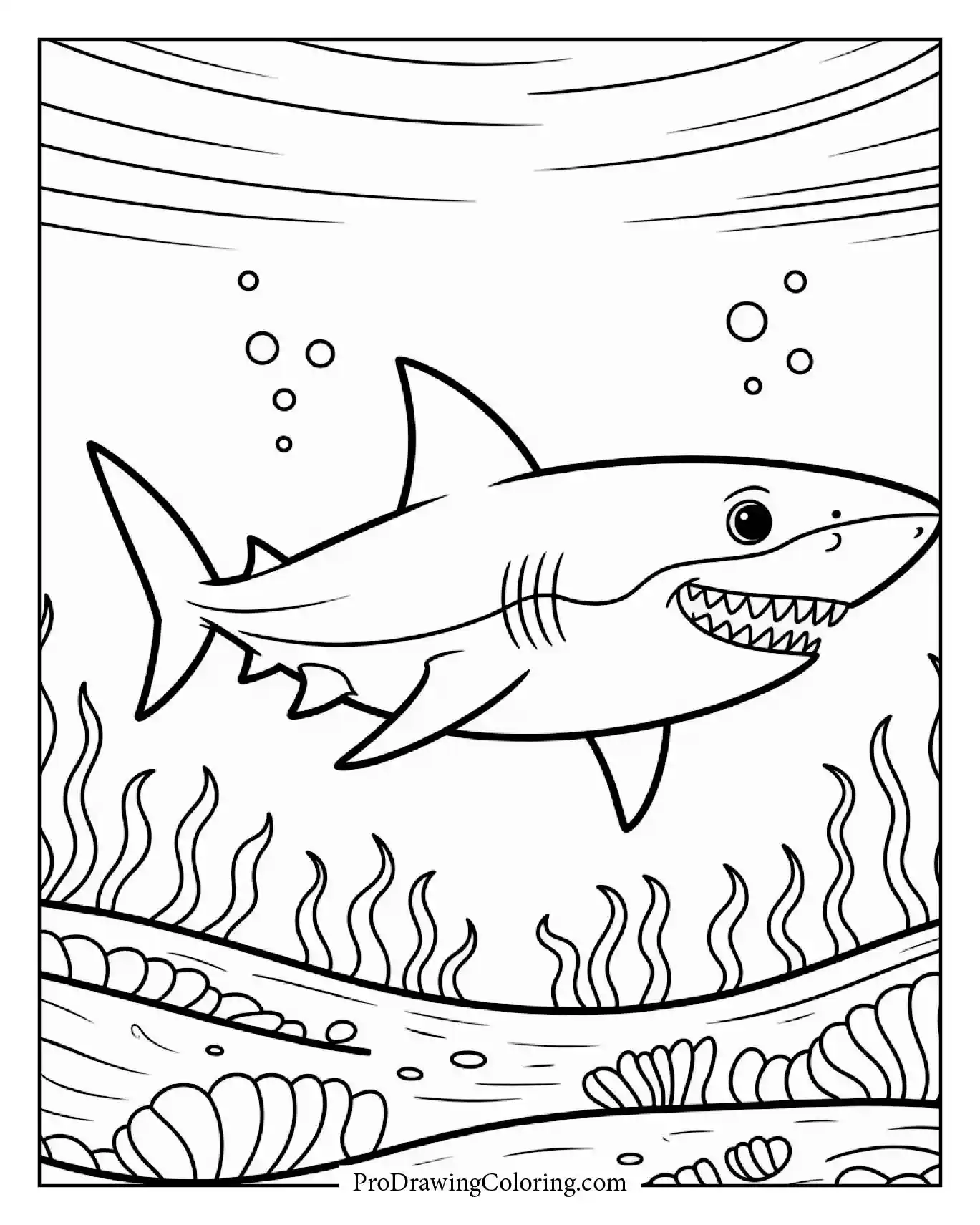 A shark swimming diagonally across the page in a playful pose