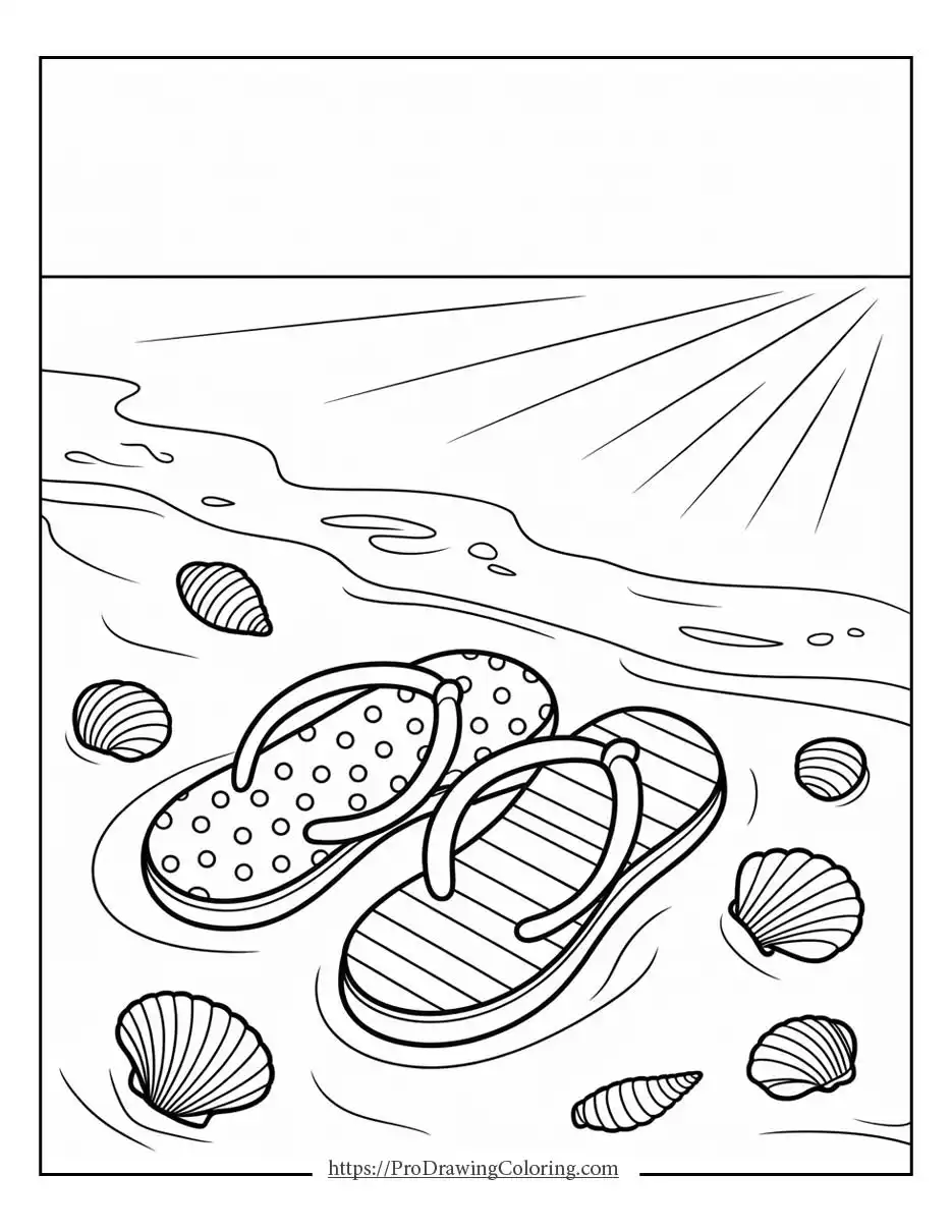 Minimal summer beach scene with sandals and seashells, perfect for simple summer coloring pages