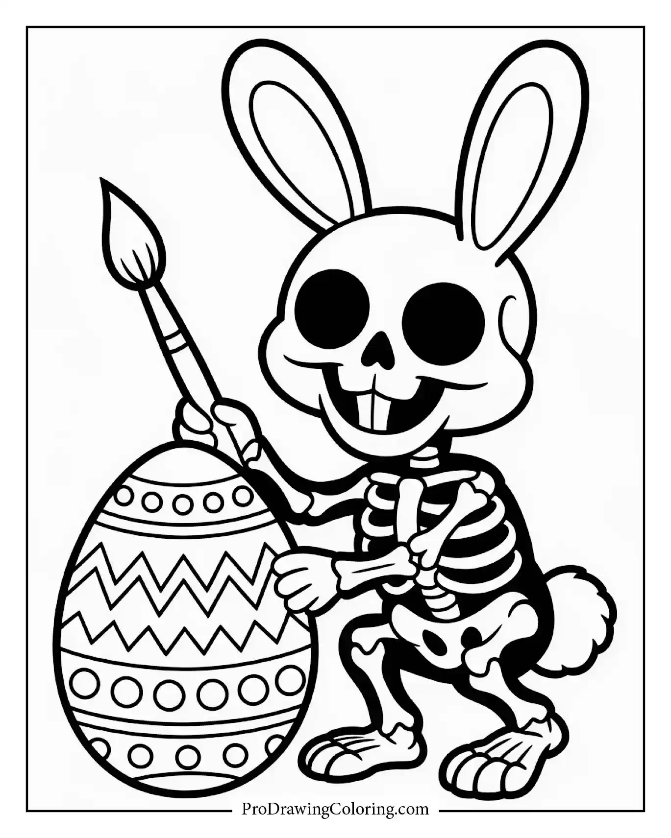 A skeleton bunny painting a spooky Halloween Easter egg.