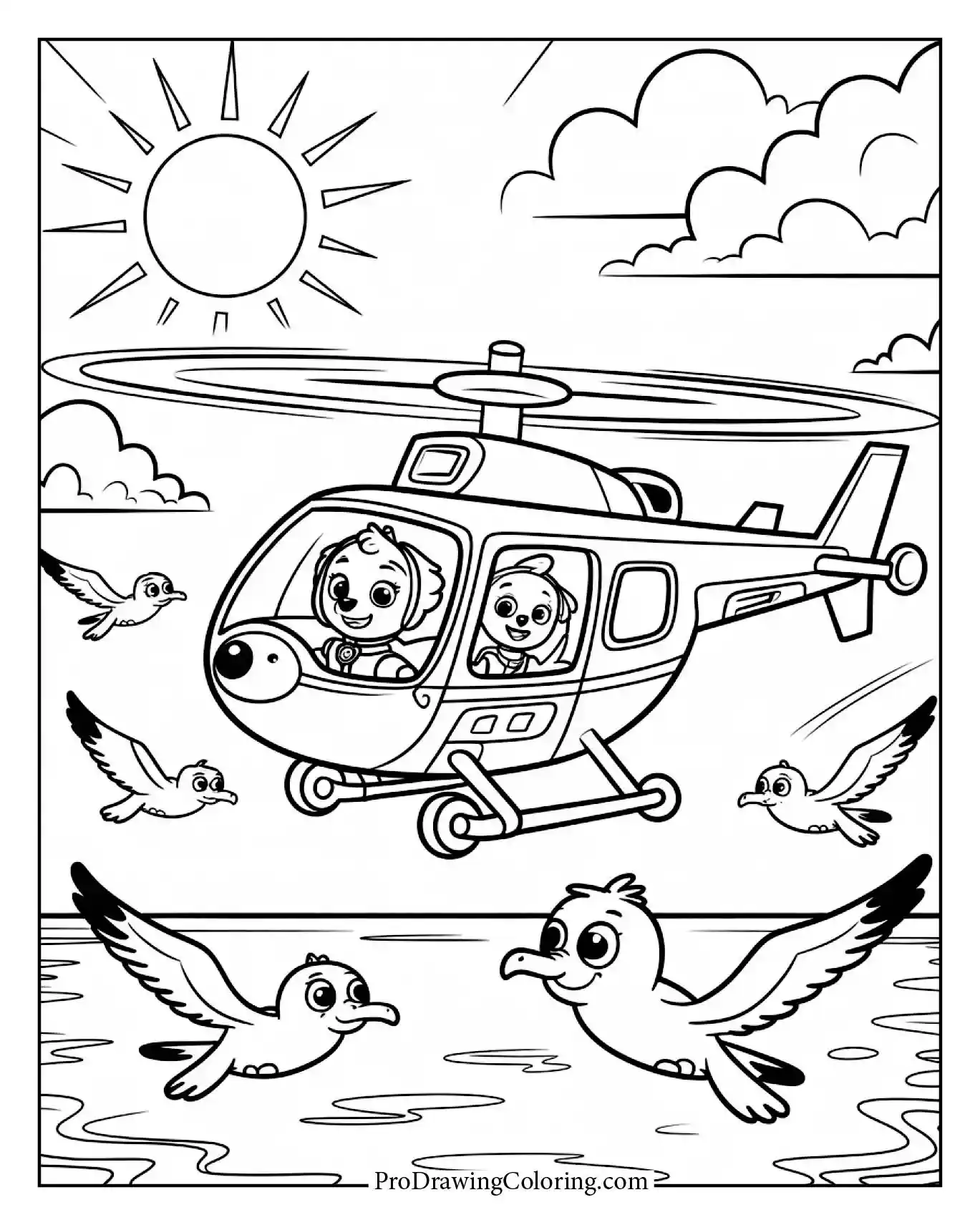 Skye paw patrol coloring page with her flying high over Adventure Bay