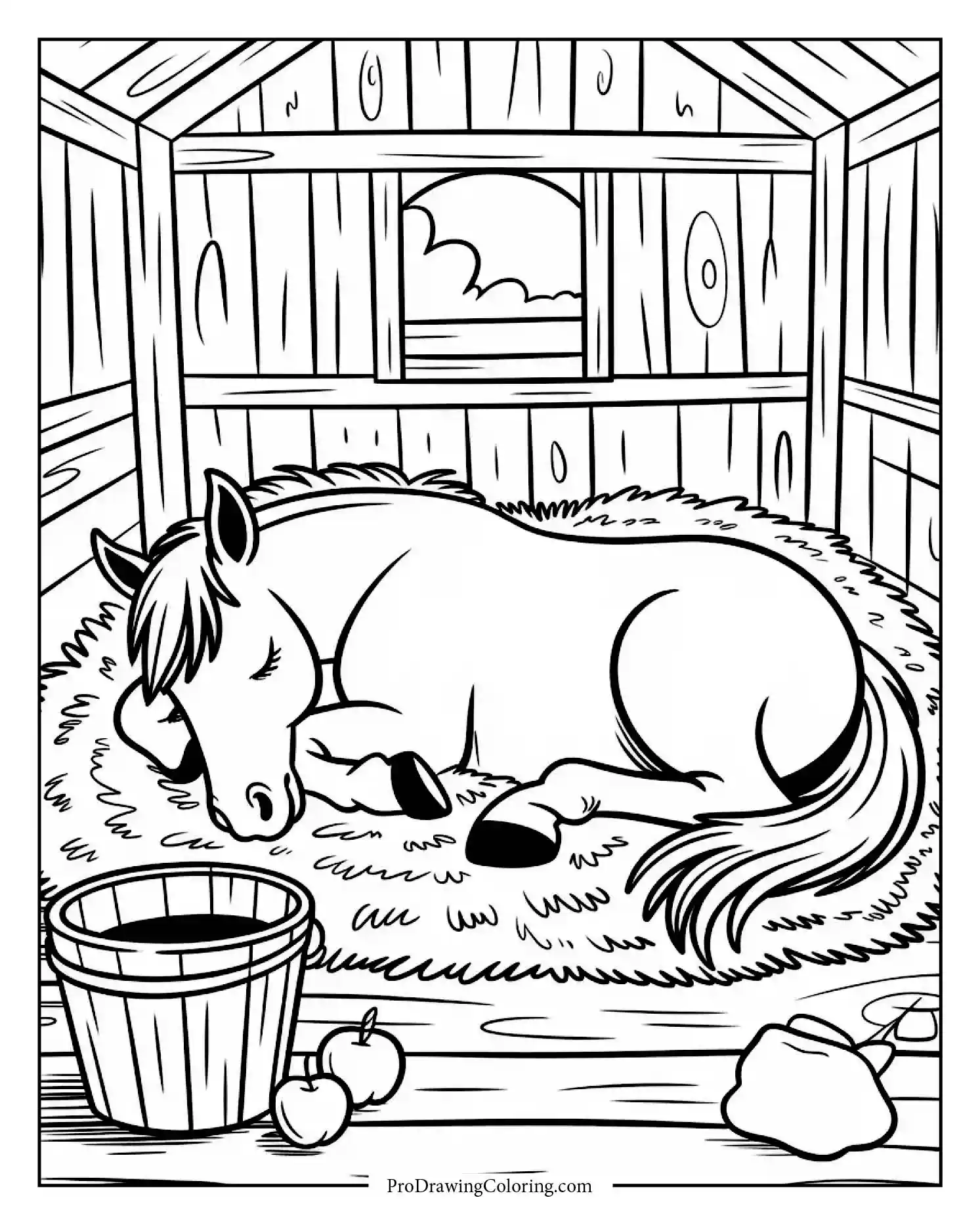 sleeping horse coloring page Free printable coloring page of a sleeping horse curled in the barn