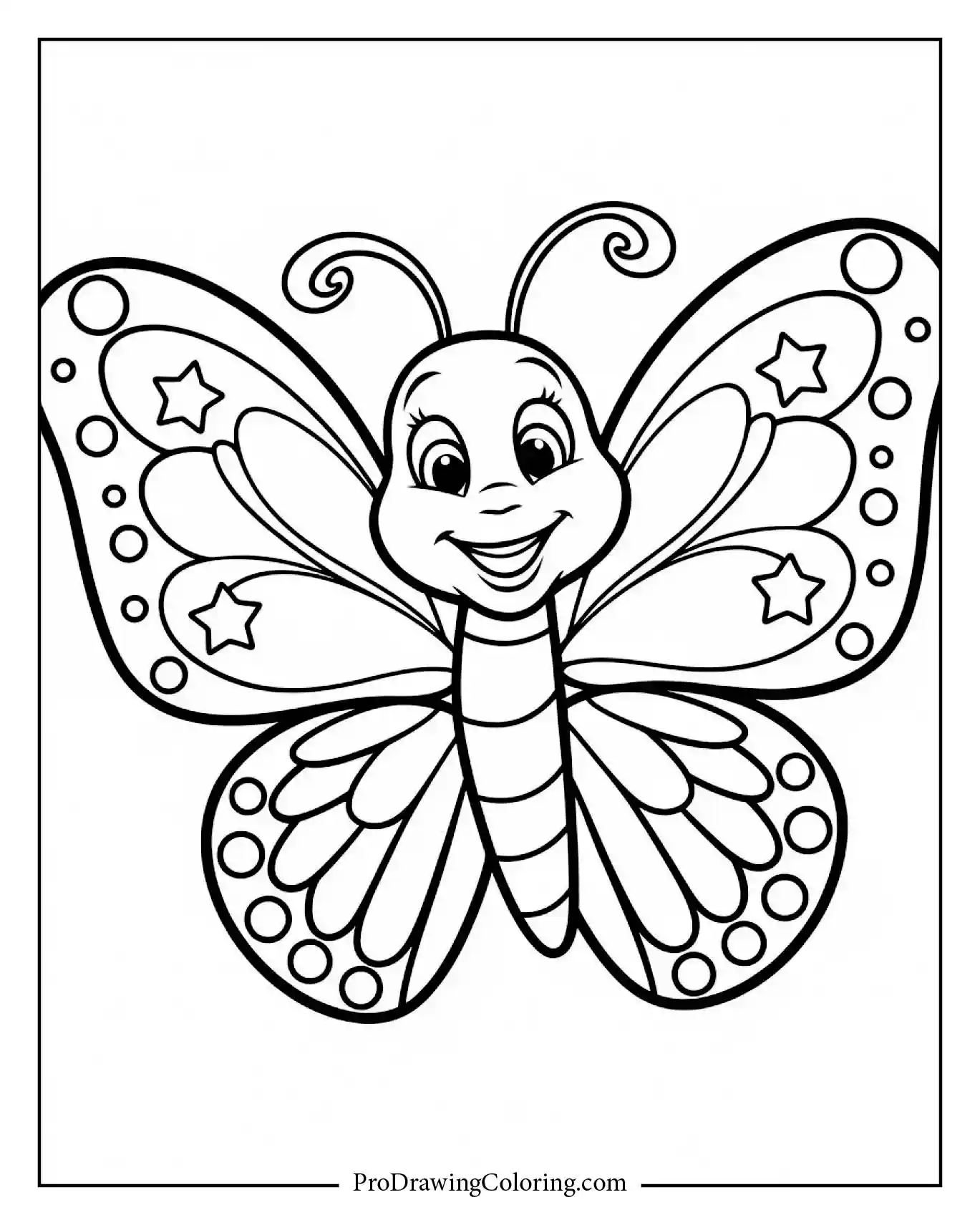 Smiling butterfly with star wing patterns, bold and easy to color for children.