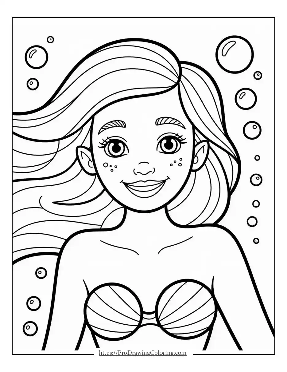 Smiling mermaid closeup with underwater background, easy and cute for kids