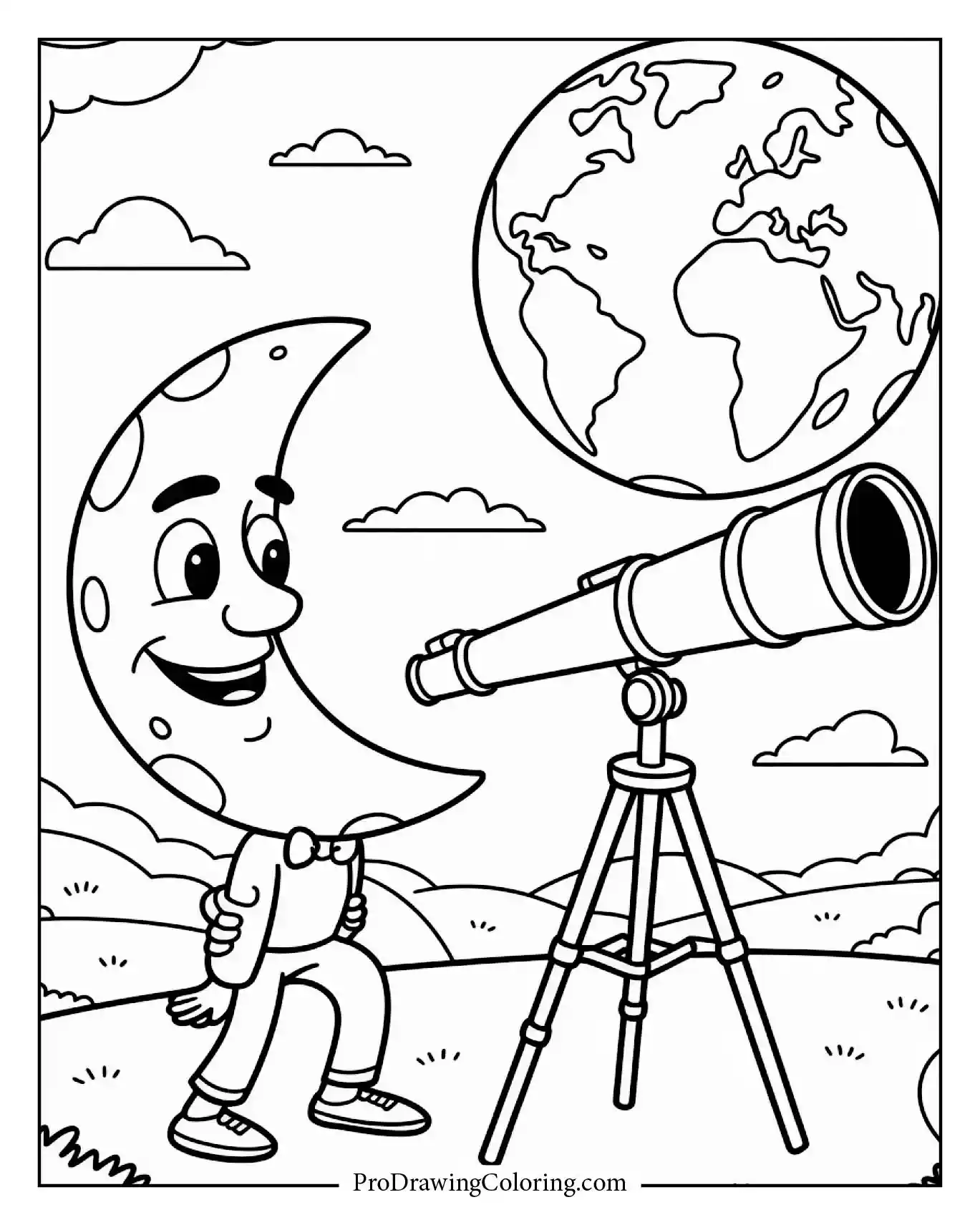 Smiling moon using a telescope to look at Earth, printable space coloring page.