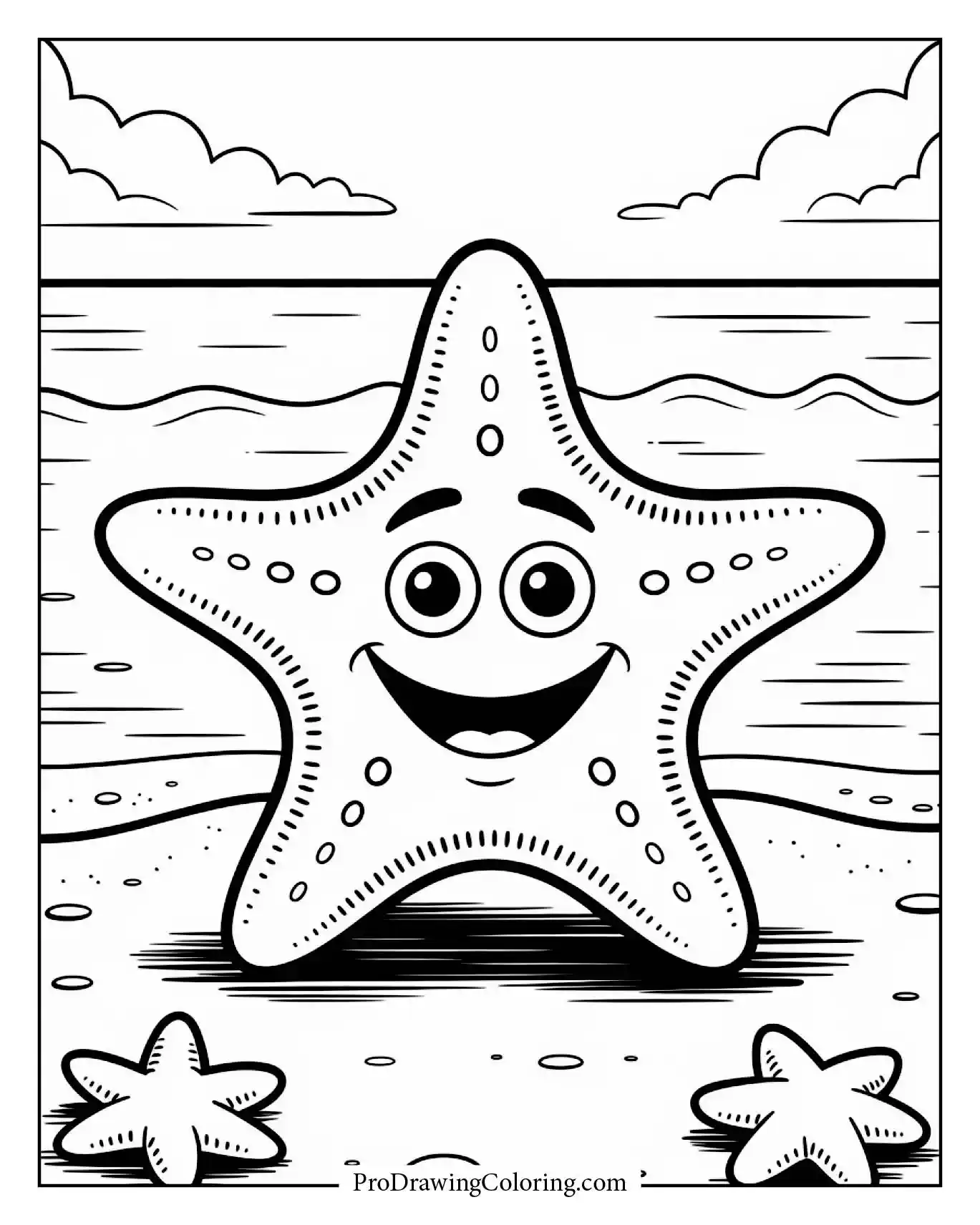 Beach coloring pages – smiling starfish on sandy beach
