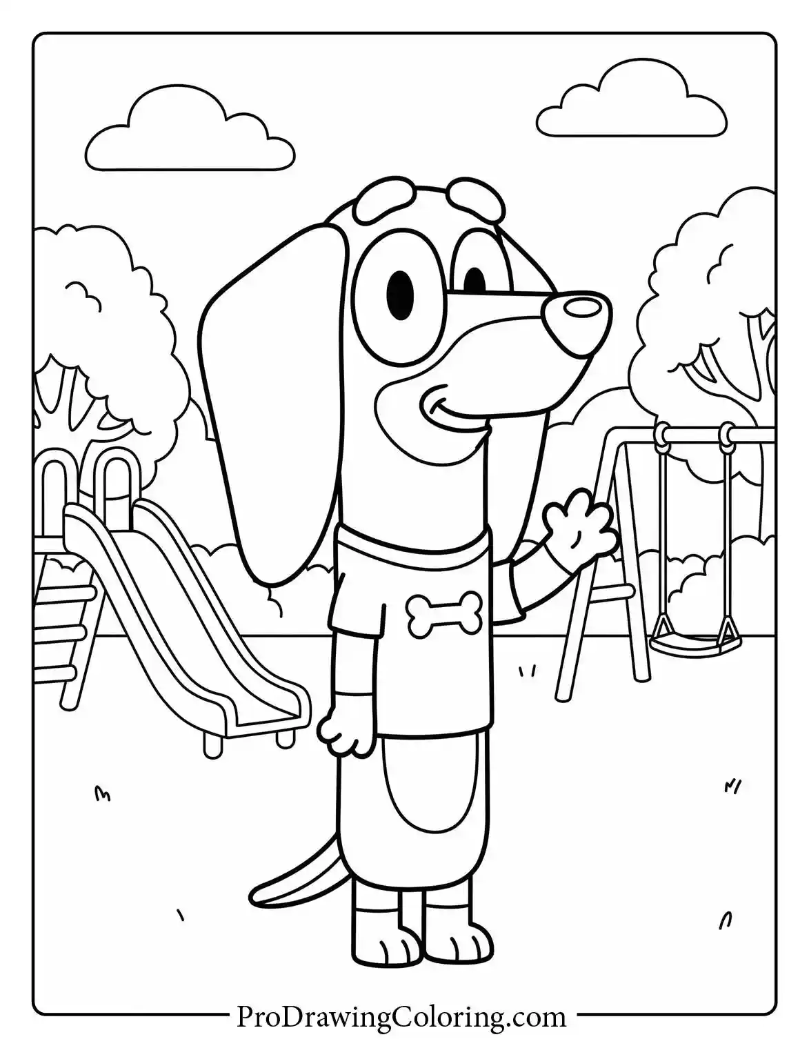 Snickers coloring page featuring Bluey's Dachshund friend standing happily.