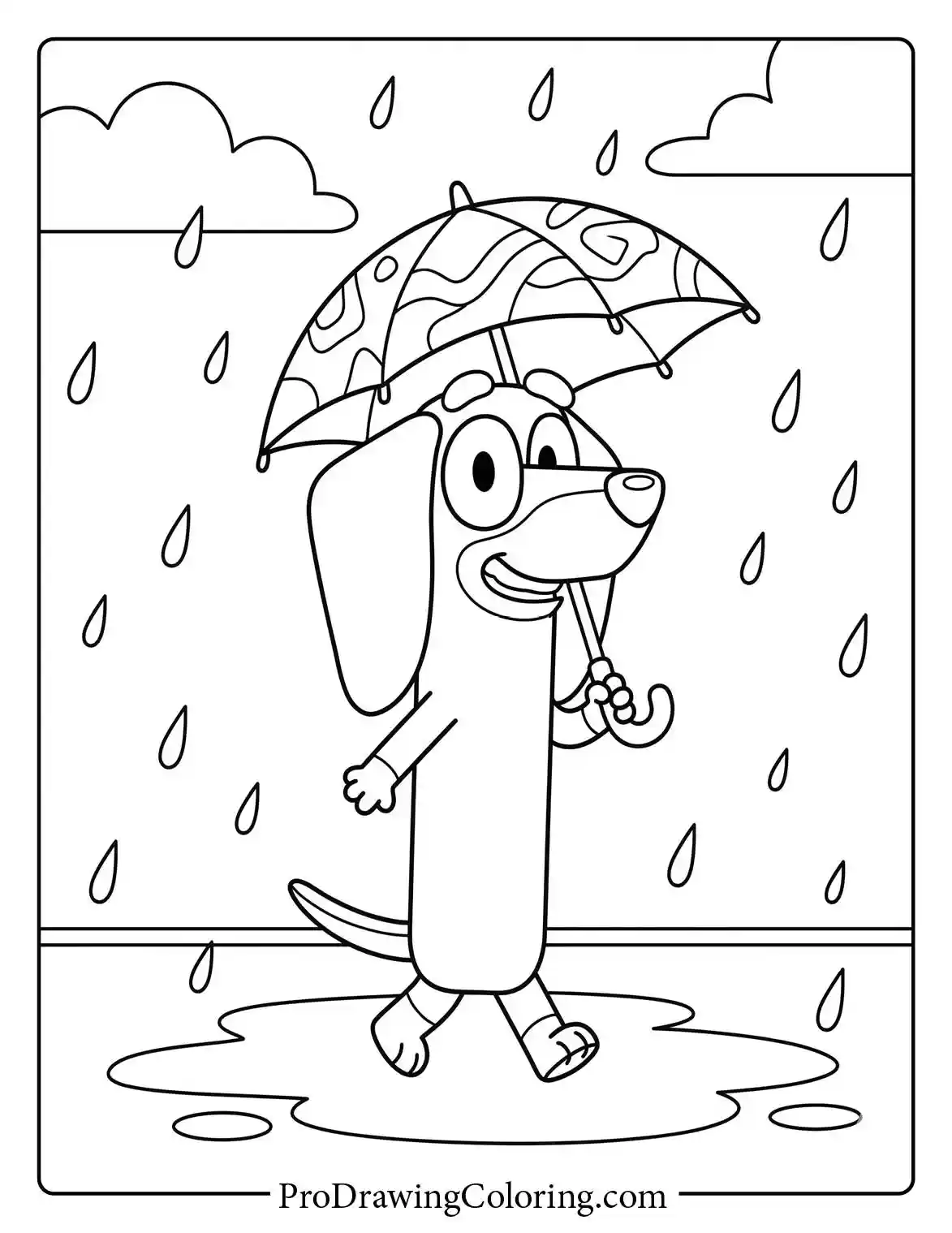 Snickers printable coloring page showing Bluey's friend, the Dachshund, walking in the rain. An easy black and white pdf.
