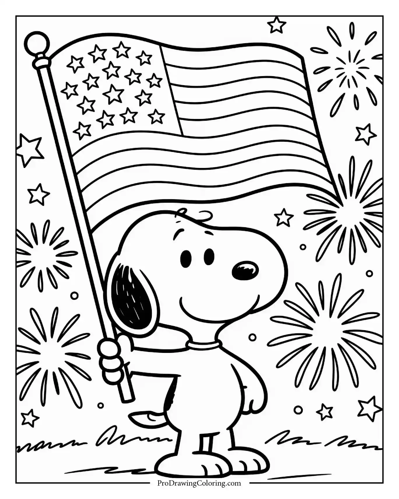 A keyword coloring page showing snoopy 4th of july coloring pages holding an American flag with fireworks exploding in the sky behind him.