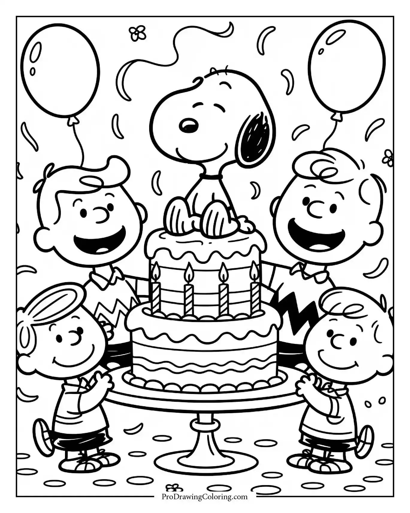 Coloring page of snoopy and friends coloring pages with Charlie Brown, Lucy, and Linus all gathered around a big birthday cake with candles.