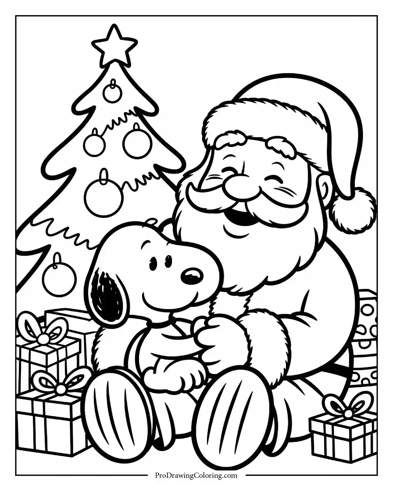 A black and white snoopy and santa claus printable sheet showing the beagle sitting on Santa's lap sharing a list of cookies and dog treats.