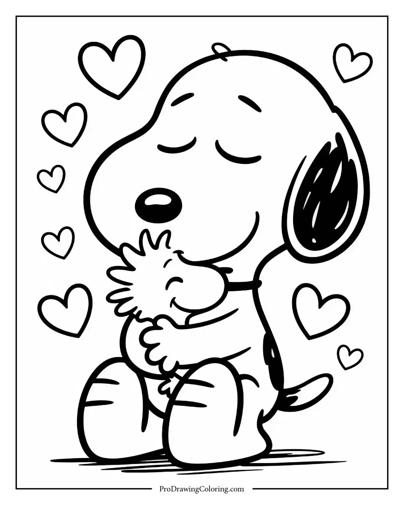 Coloring page featuring snoopy and woodstock coloring pages showing her holding her best bird friend in a warm embrace with tiny hearts around them.