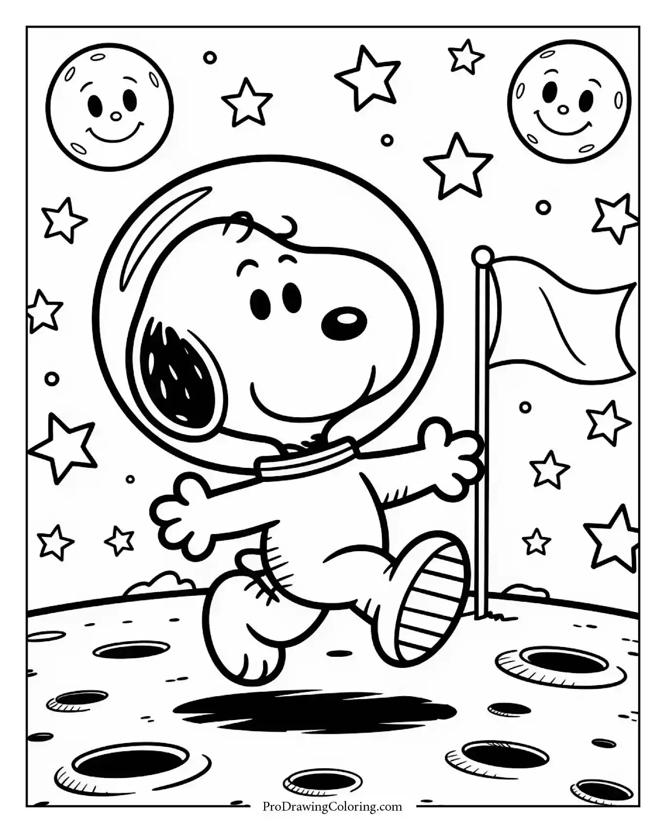 A black and white snoopy astronaut moon landing scene showing the beagle planting a flag on the moon's surface with Earth visible in the sky.