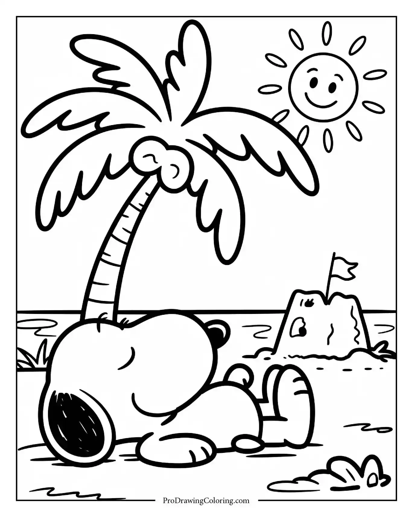 A fun coloring page showing snoopy at beach relaxing on a striped towel under a palm tree with a sandcastle and a crab nearby.