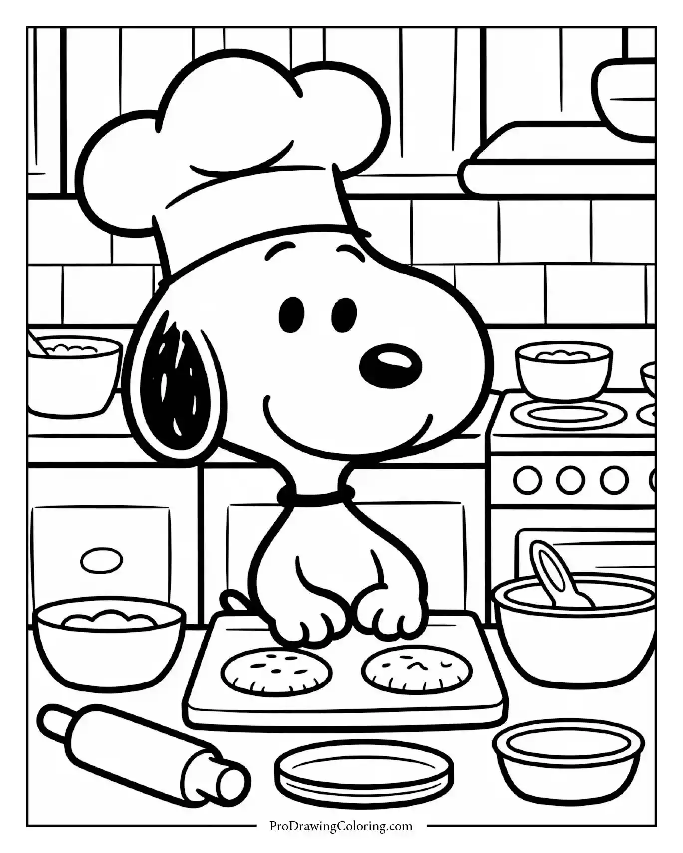 Coloring page of snoopy chef baker wearing a professional apron and mixing dough in a big bowl with flour flying everywhere in the kitchen.