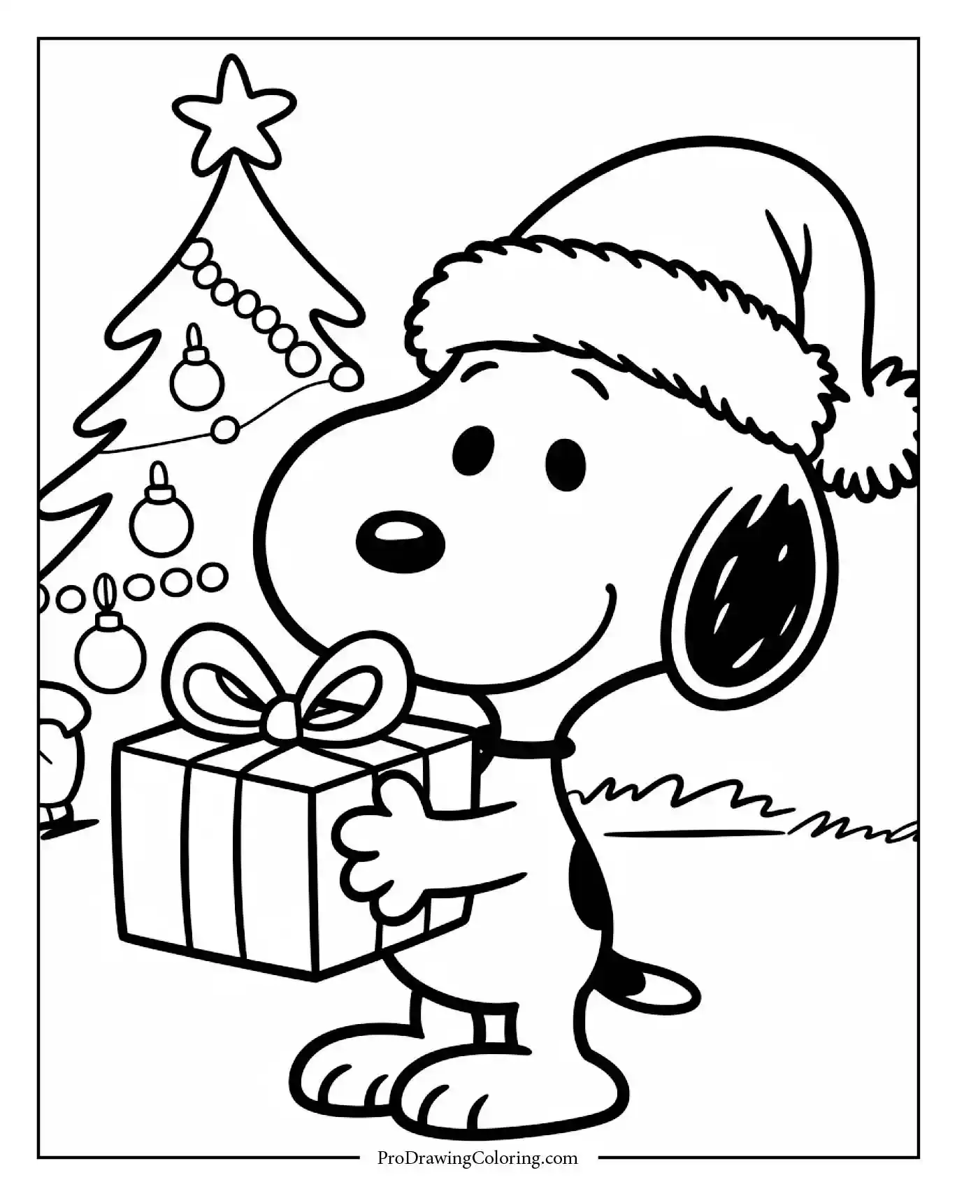 A cheerful christmas scene for coloring, featuring snoopy christmas coloring pages with a Santa hat and a big bag of gifts near a decorated pine tree.