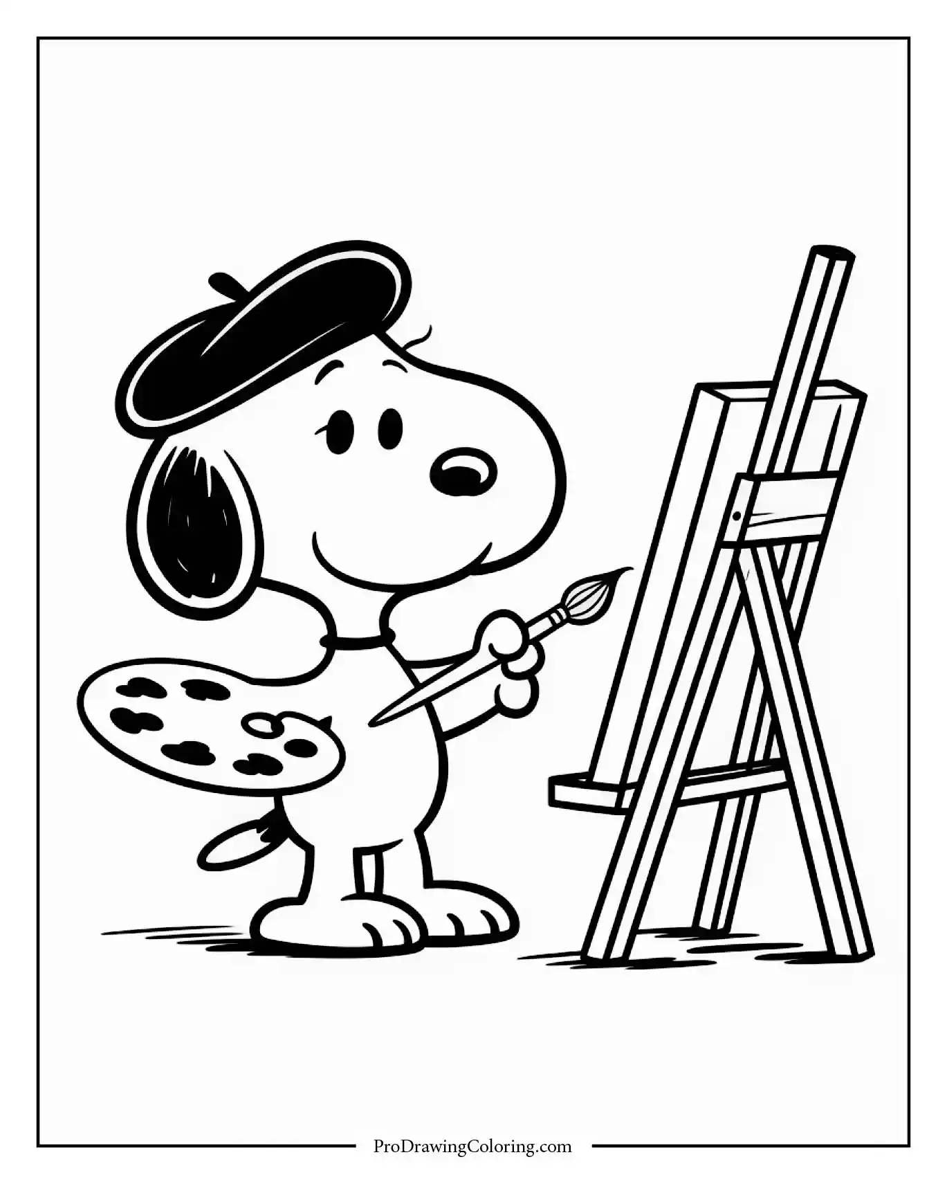 A printable coloring sheet depicting snoopy coloring pages to print as an artist, wearing a beret and holding a paintbrush in front of an easel.