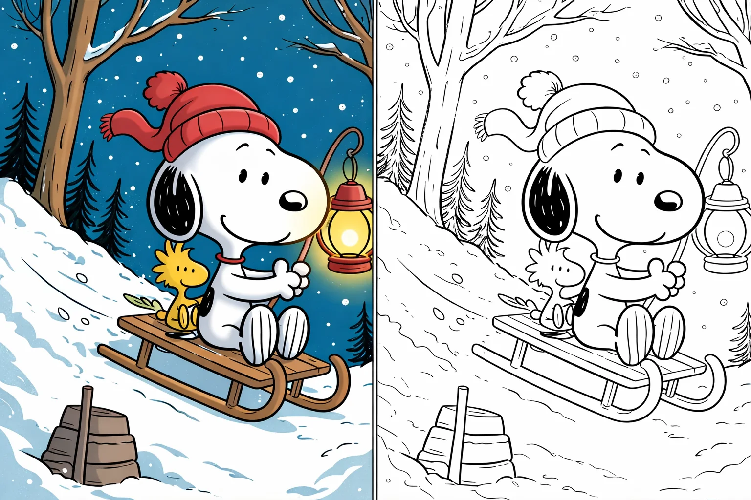 Snoopy coloring pages showing Snoopy sitting on a wooden sled in a snowy forest at night, holding a lantern, with Woodstock beside him, presented in color and black and white versions for coloring.