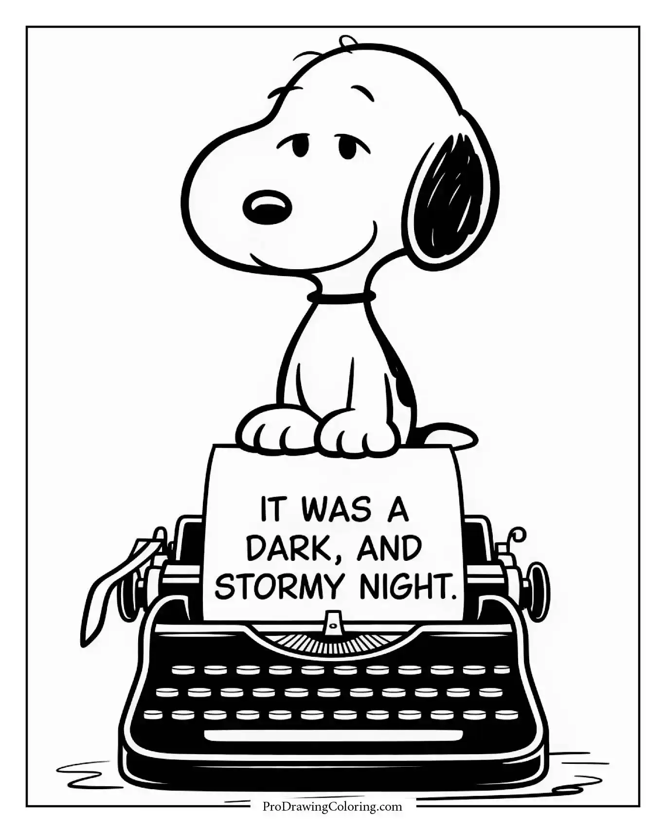 A black and white snoopy dog house coloring page featuring a background with Snoopy sitting on top with his typewriter, writing his novel.