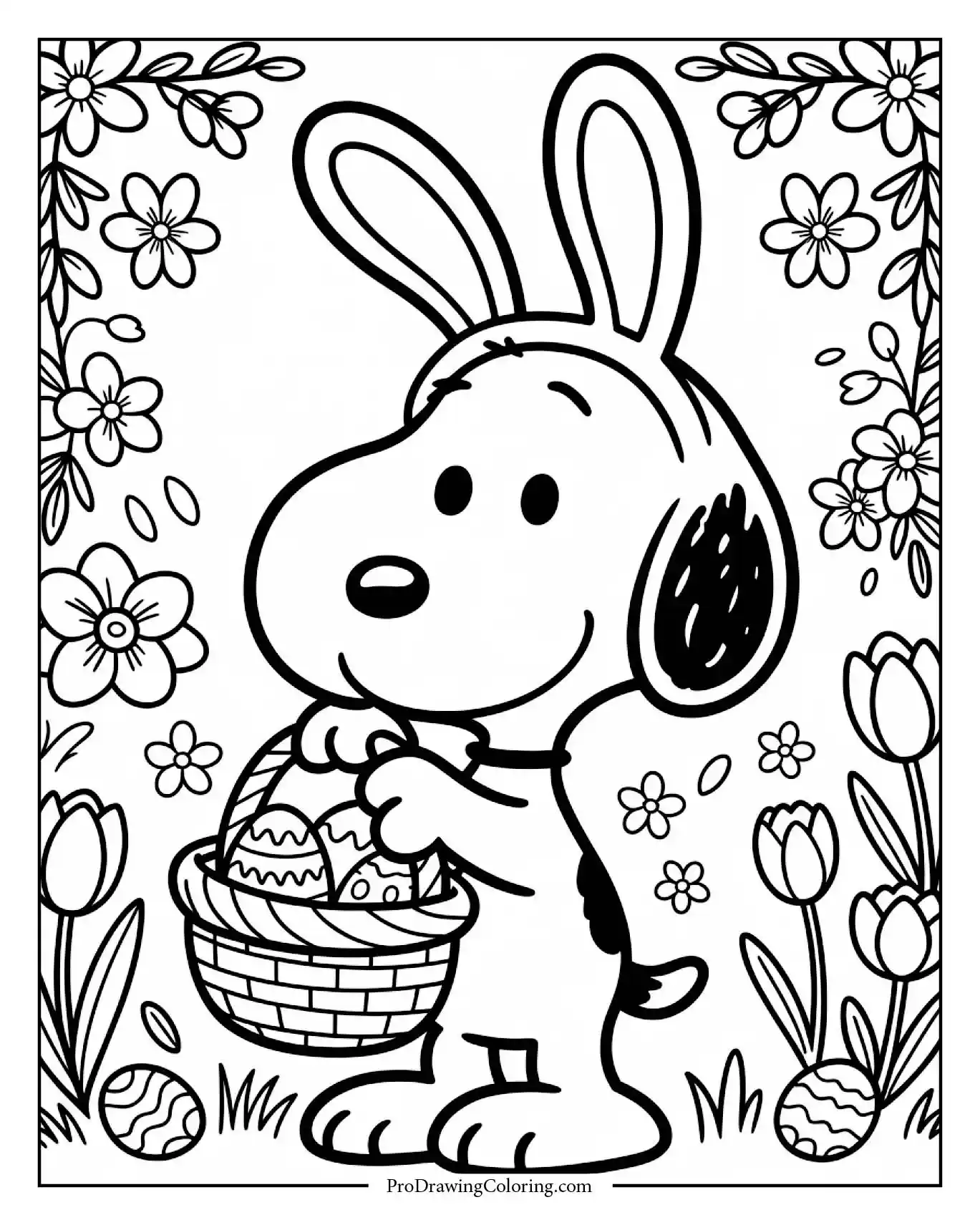 A cheerful Easter scene for coloring, featuring snoopy easter coloring pages with bunny ears, carrying a basket filled with decorated eggs and flowers.