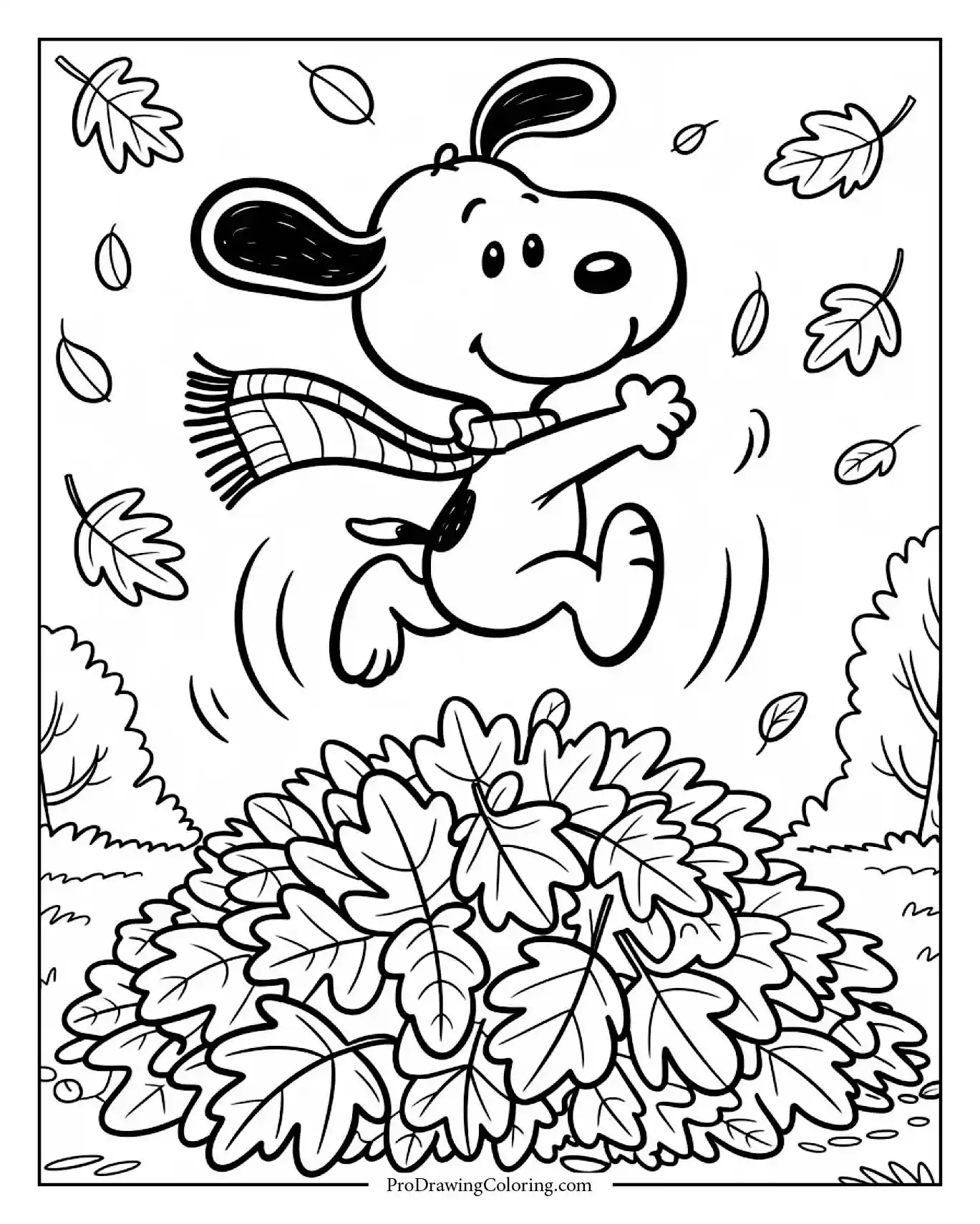 A fun coloring page showing snoopy fall coloring pages in a pile of crunchy autumn leaves, wearing a cozy scarf and holding a hot cocoa.