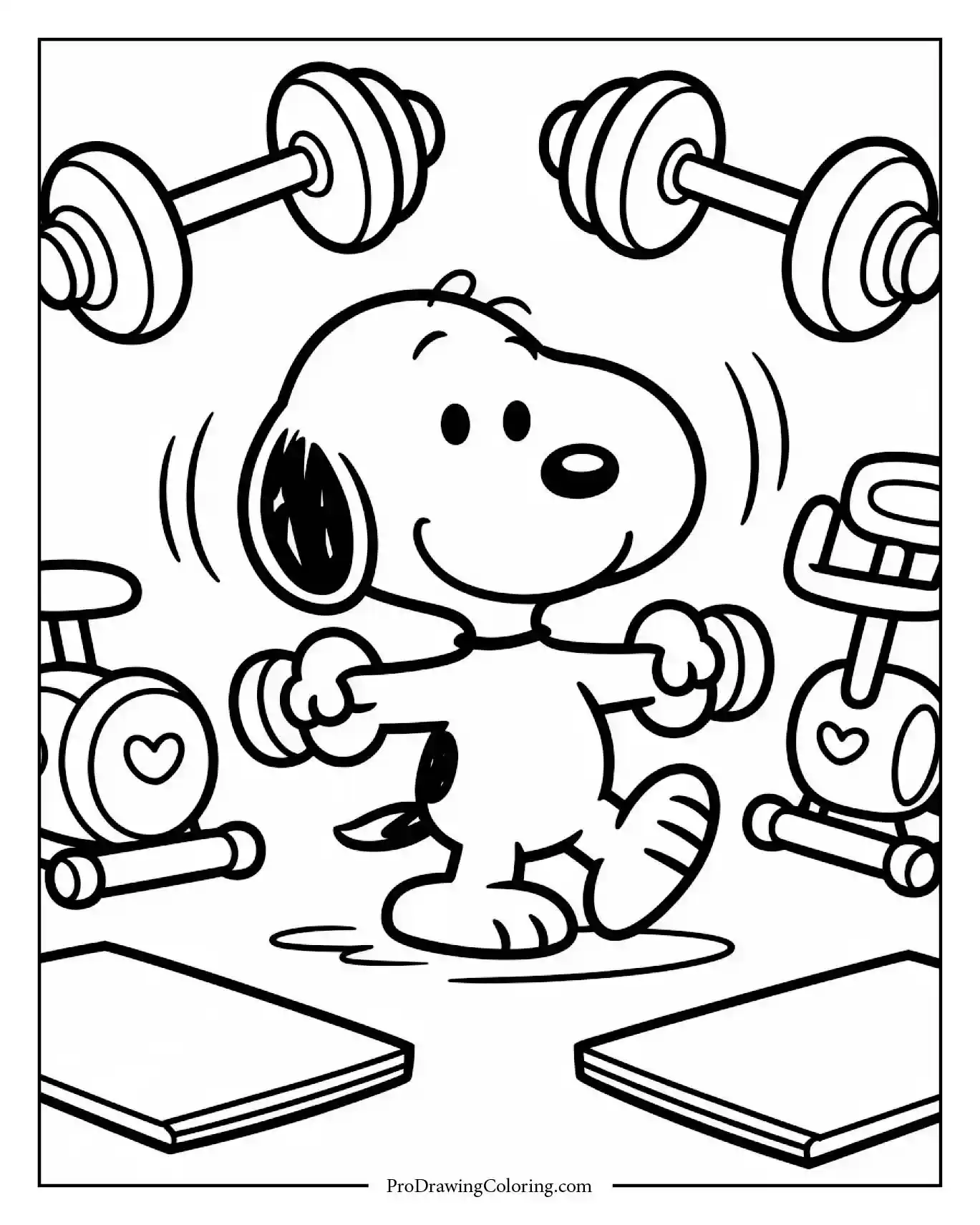 A black and white snoopy fitness coloring page showing the beagle lifting a heavy barbell in a gym with a sweatband on his forehead.