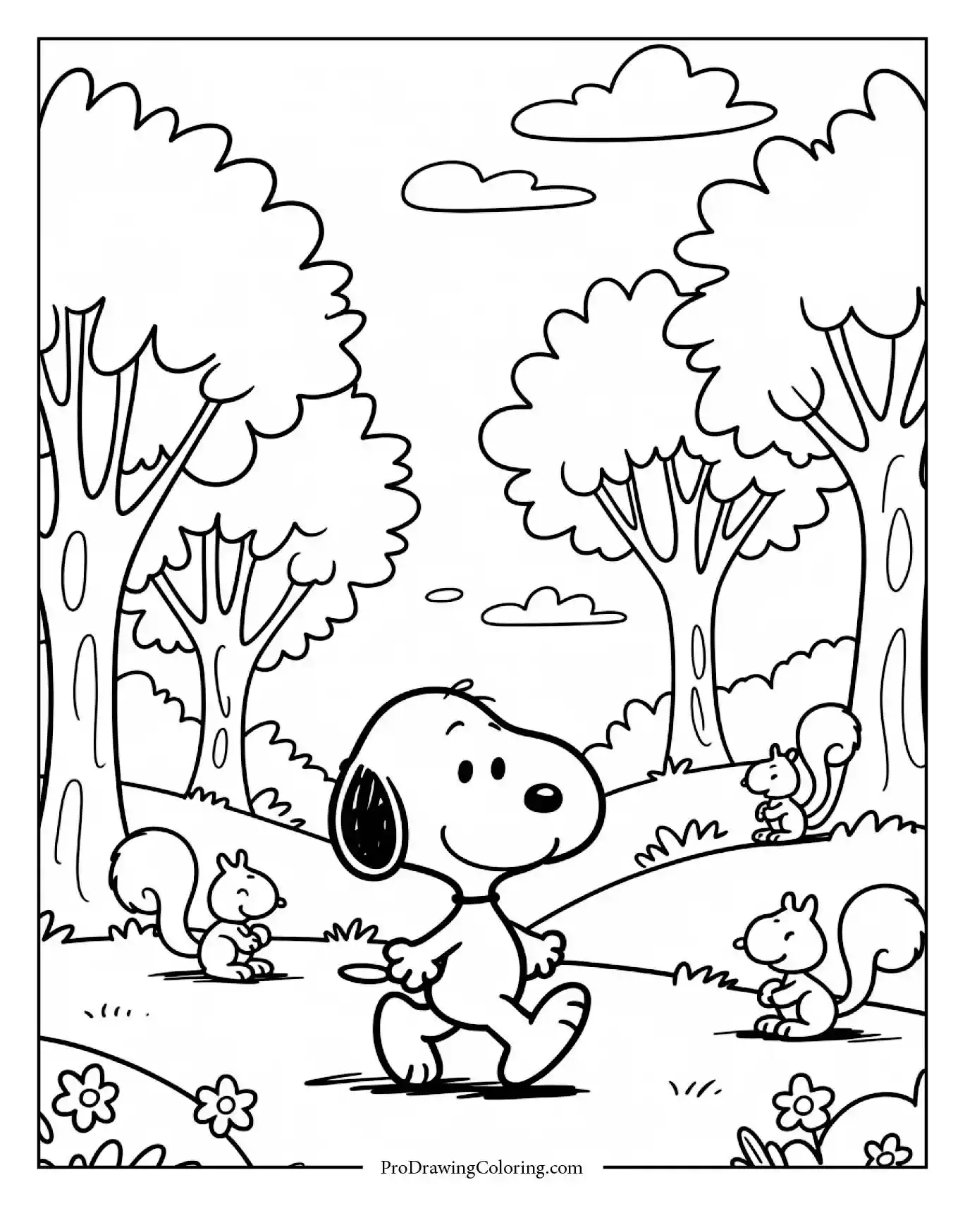 A keyword relaxation themed coloring sheet showing snoopy in forest hiking with a backpack among tall pine trees, squirrels, and a bubbling forest stream.