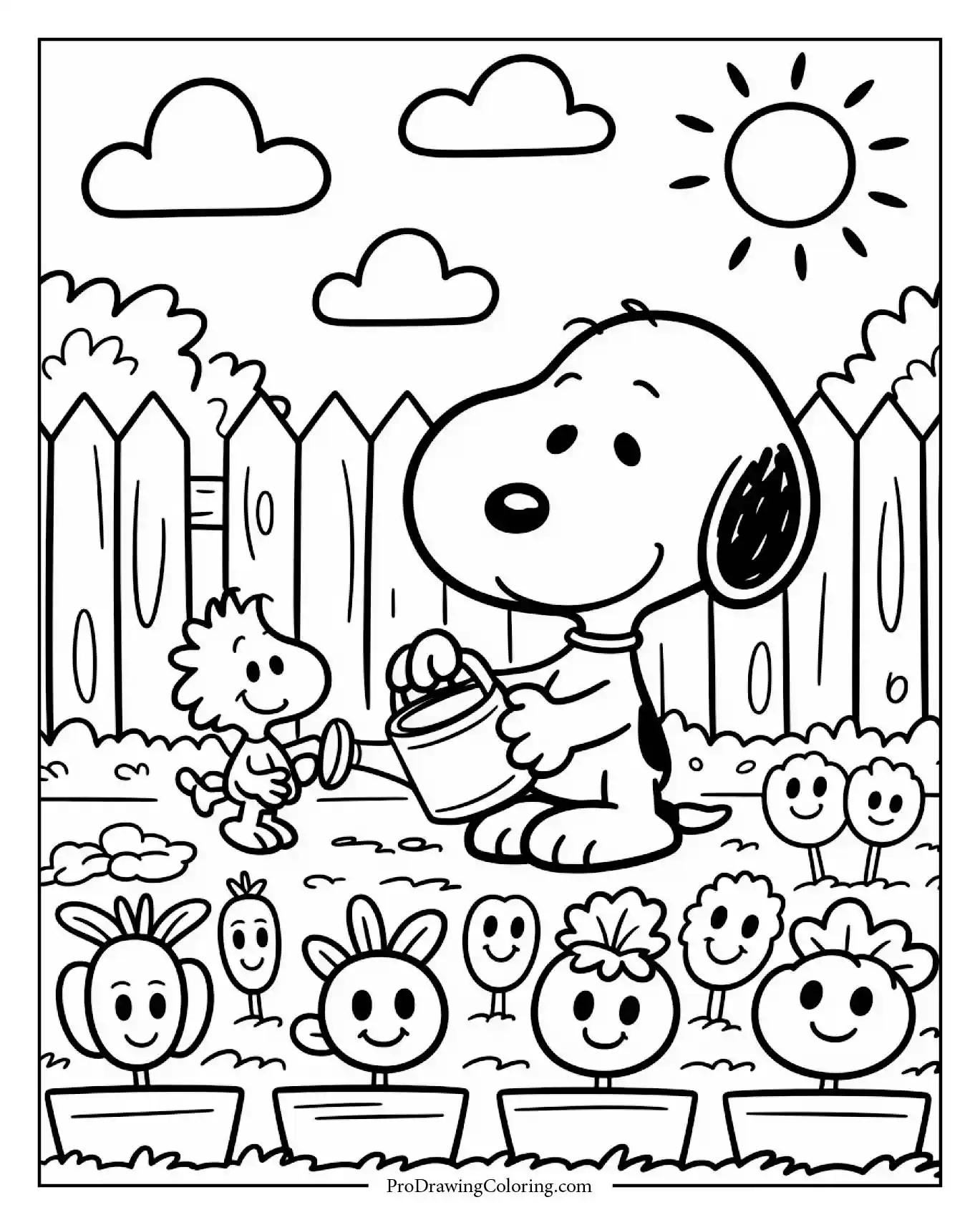 A fun coloring page showing snoopy gardening in his backyard, planting carrots and watering plants with Woodstock helping him hold the seeds.