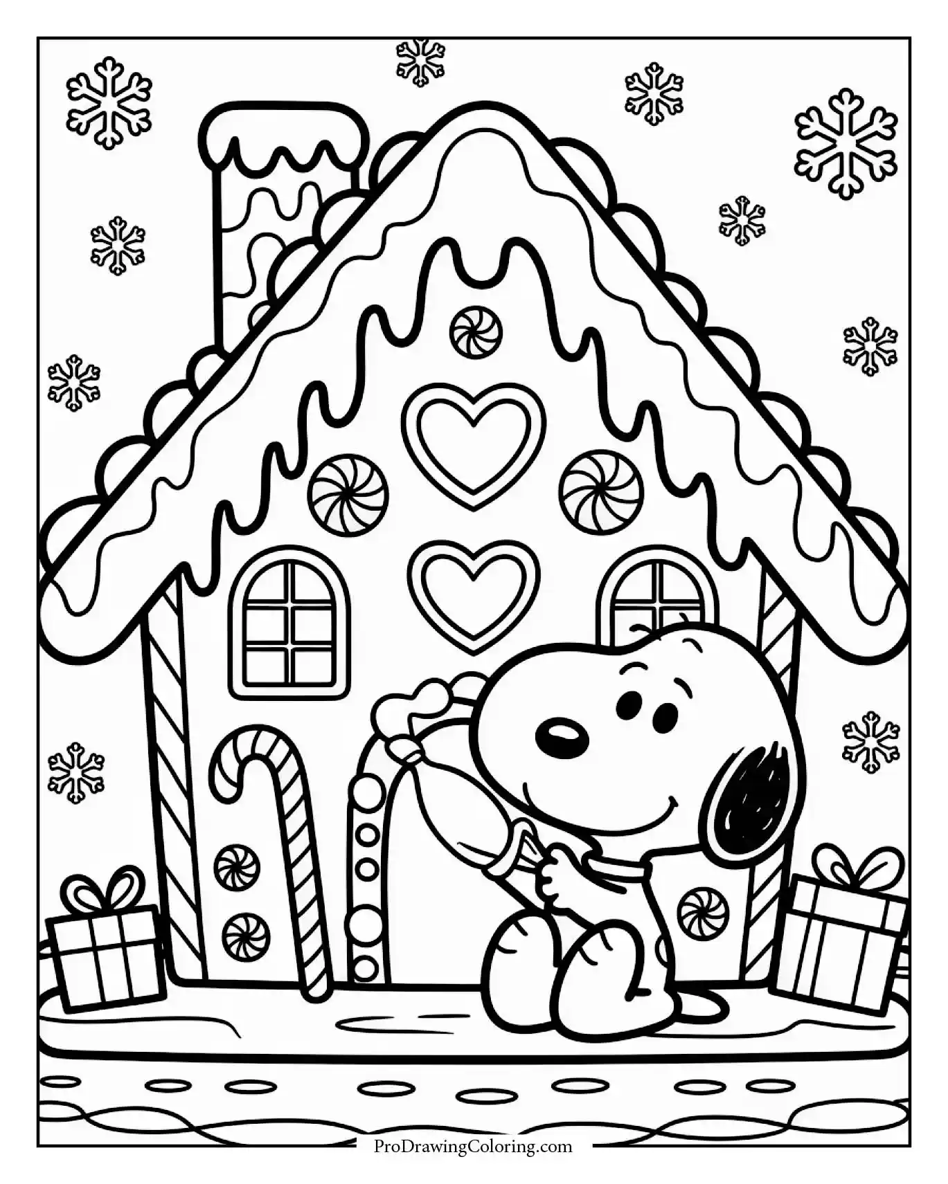 Black and white snoopy gingerbread house coloring sheet featuring the beagle decorating his dog house with candy canes, gumdrops, and thick white frosting.