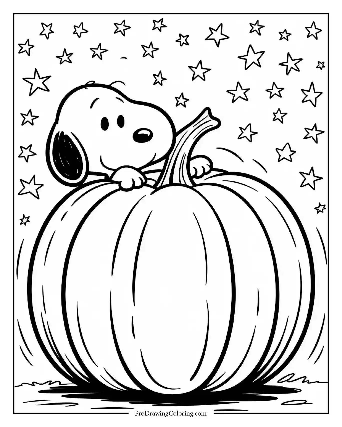A printable coloring sheet depicting snoopy great pumpkin coloring pages hiding in a giant pumpkin patch waiting for the Great Pumpkin to arrive.